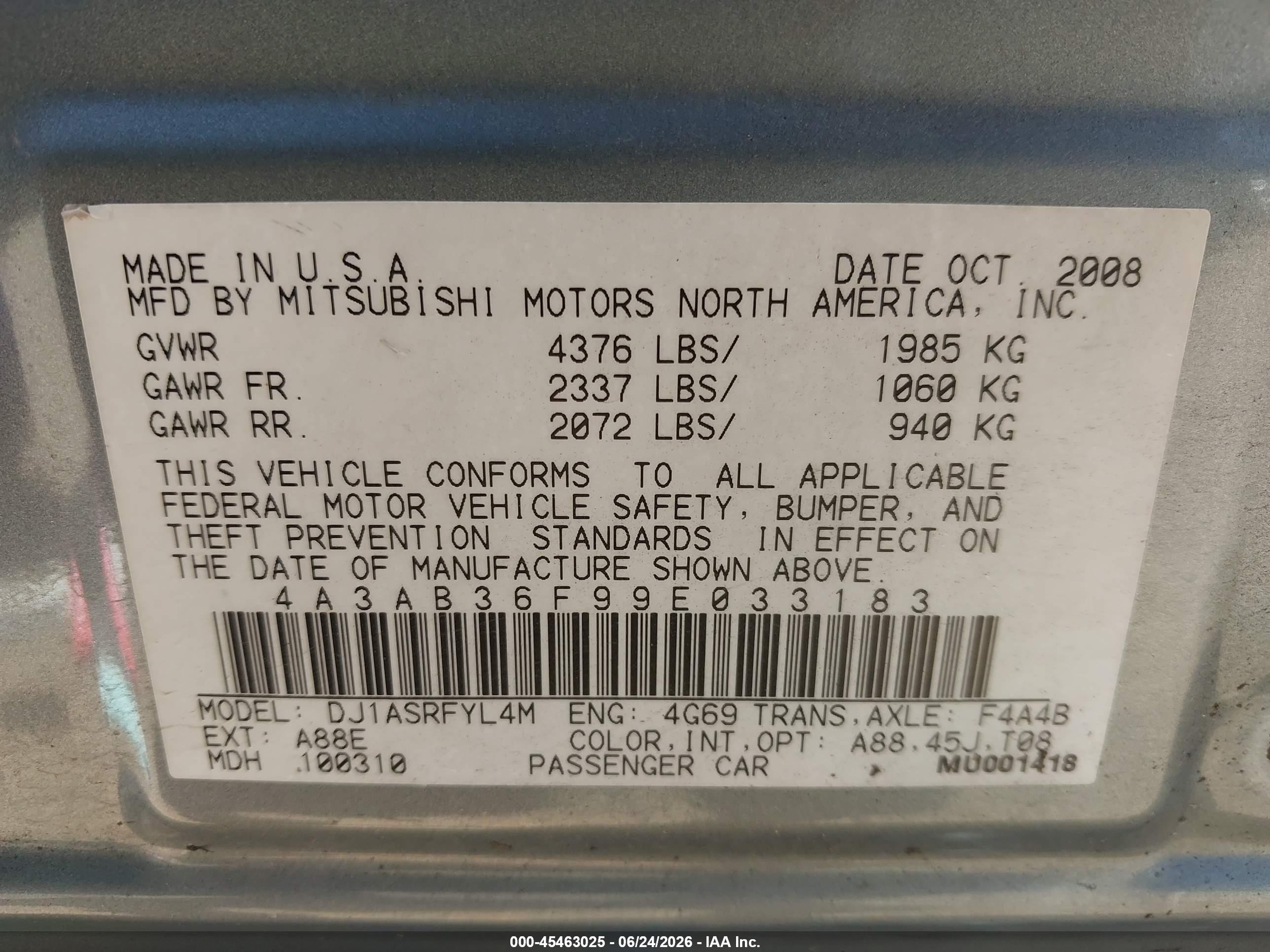 2009 Mitsubishi Galant Es/sport Edition Silver vin: 4A3AB36F99E033183