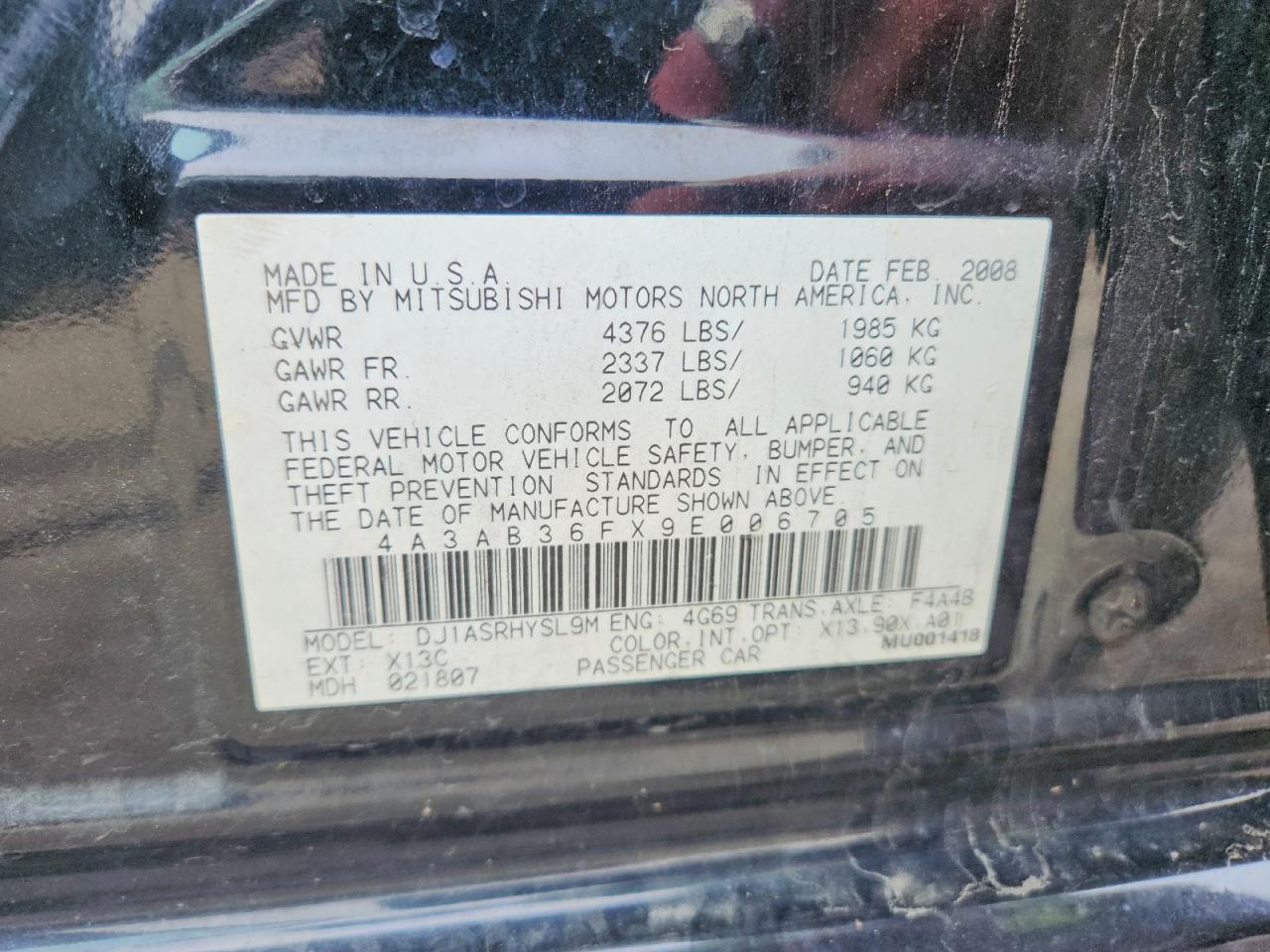 2009 Mitsubishi Galant Es Black vin: 4A3AB36FX9E006705