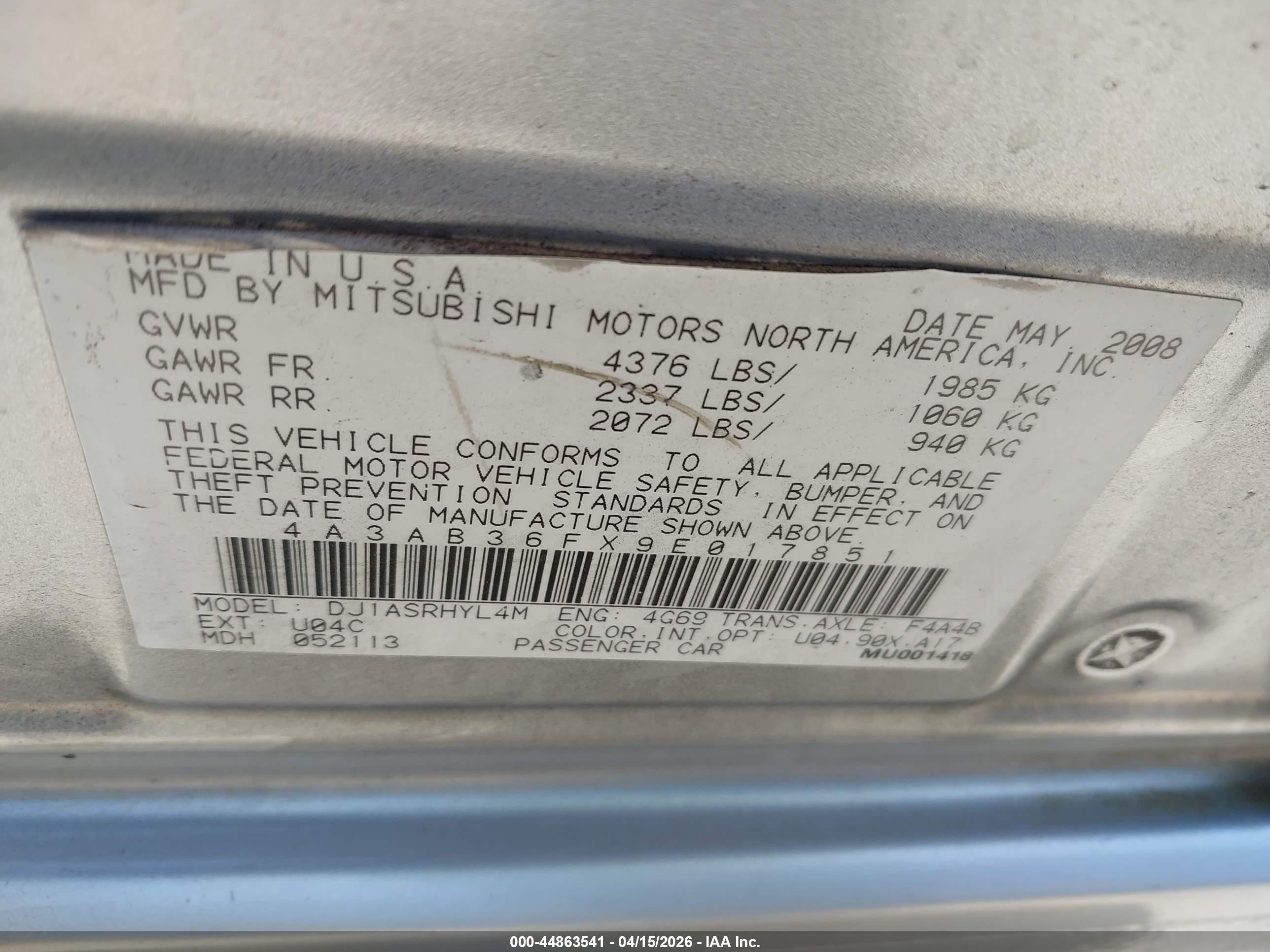 2009 Mitsubishi Galant Es/sport Edition Silver vin: 4A3AB36FX9E017851