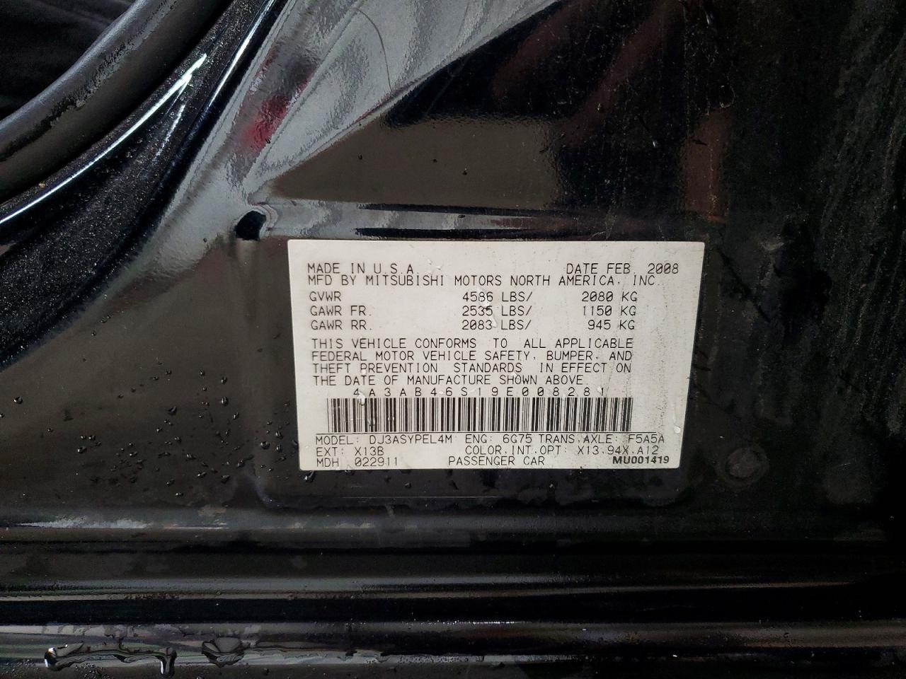 2009 Mitsubishi Galant Sport Black vin: 4A3AB46S19E008281