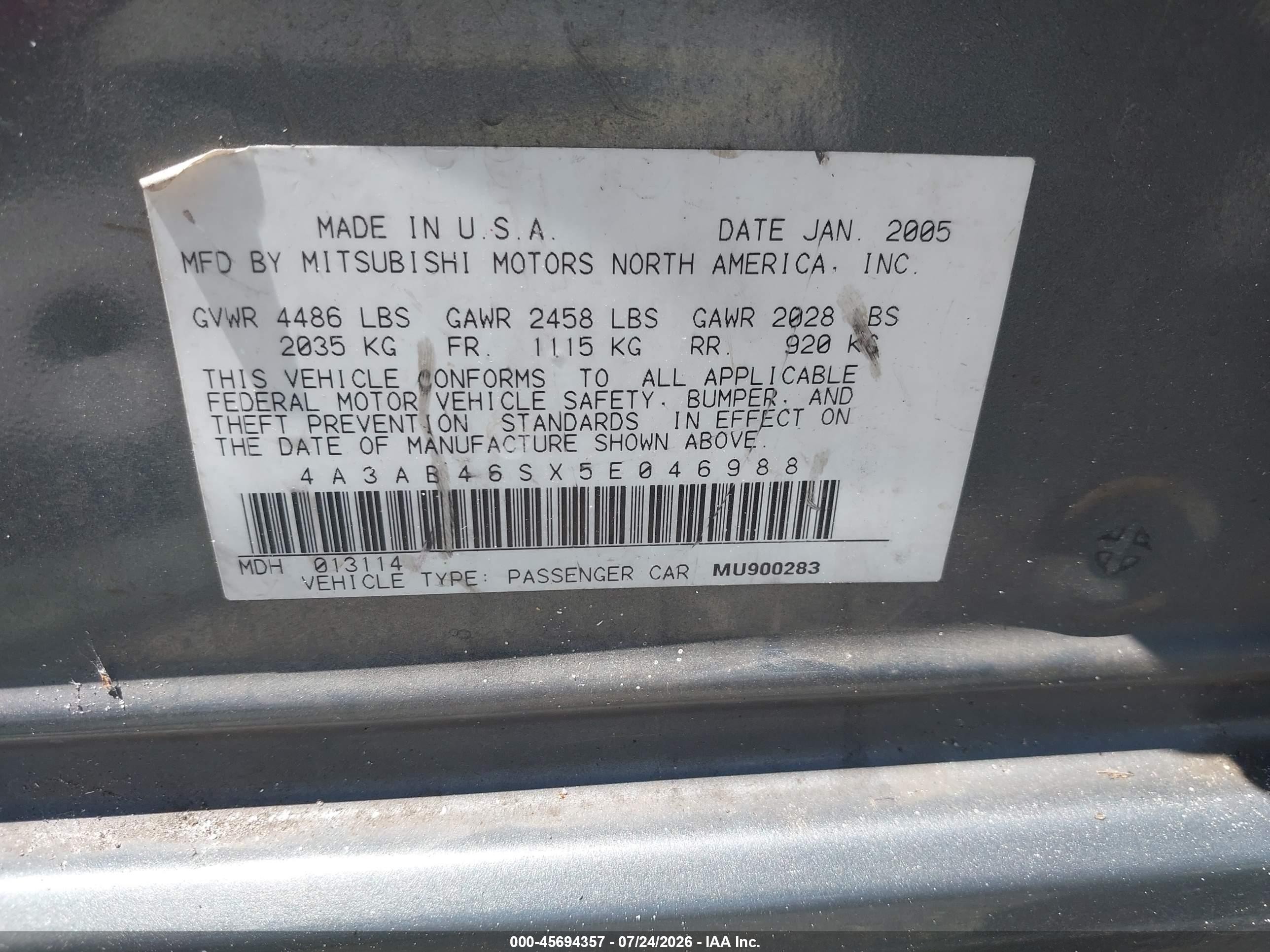 2005 Mitsubishi Galant Ls Gray vin: 4A3AB46SX5E046988