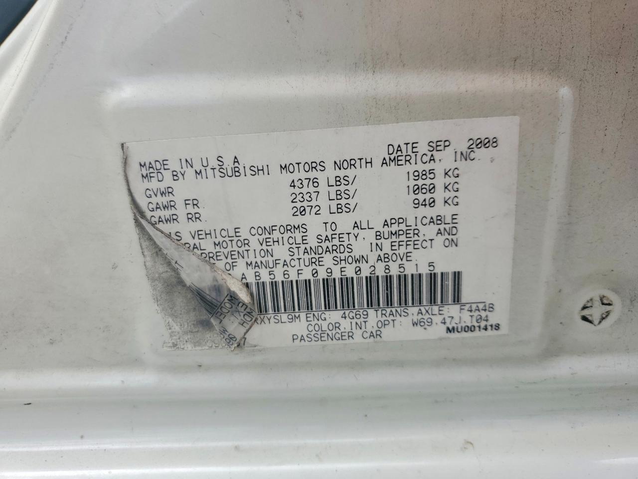2009 Mitsubishi Galant Es White vin: 4A3AB56F09E028515