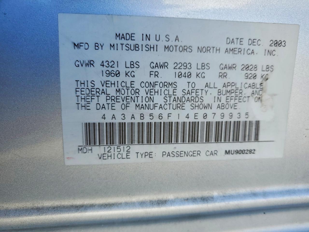 2004 Mitsubishi Galant Es Premium Silver vin: 4A3AB56F14E079935