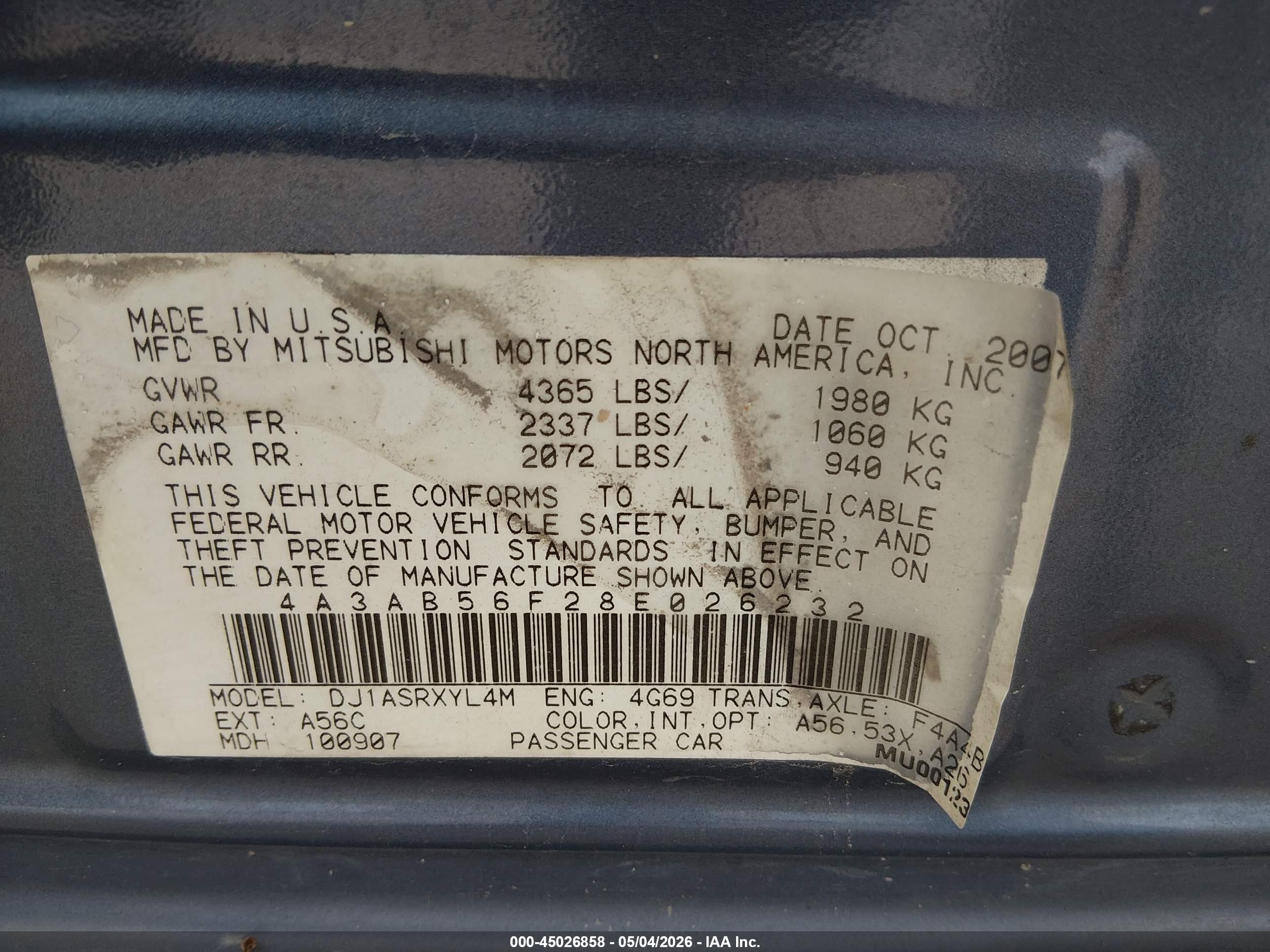 2008 Mitsubishi Galant Es Blue vin: 4A3AB56F28E026232