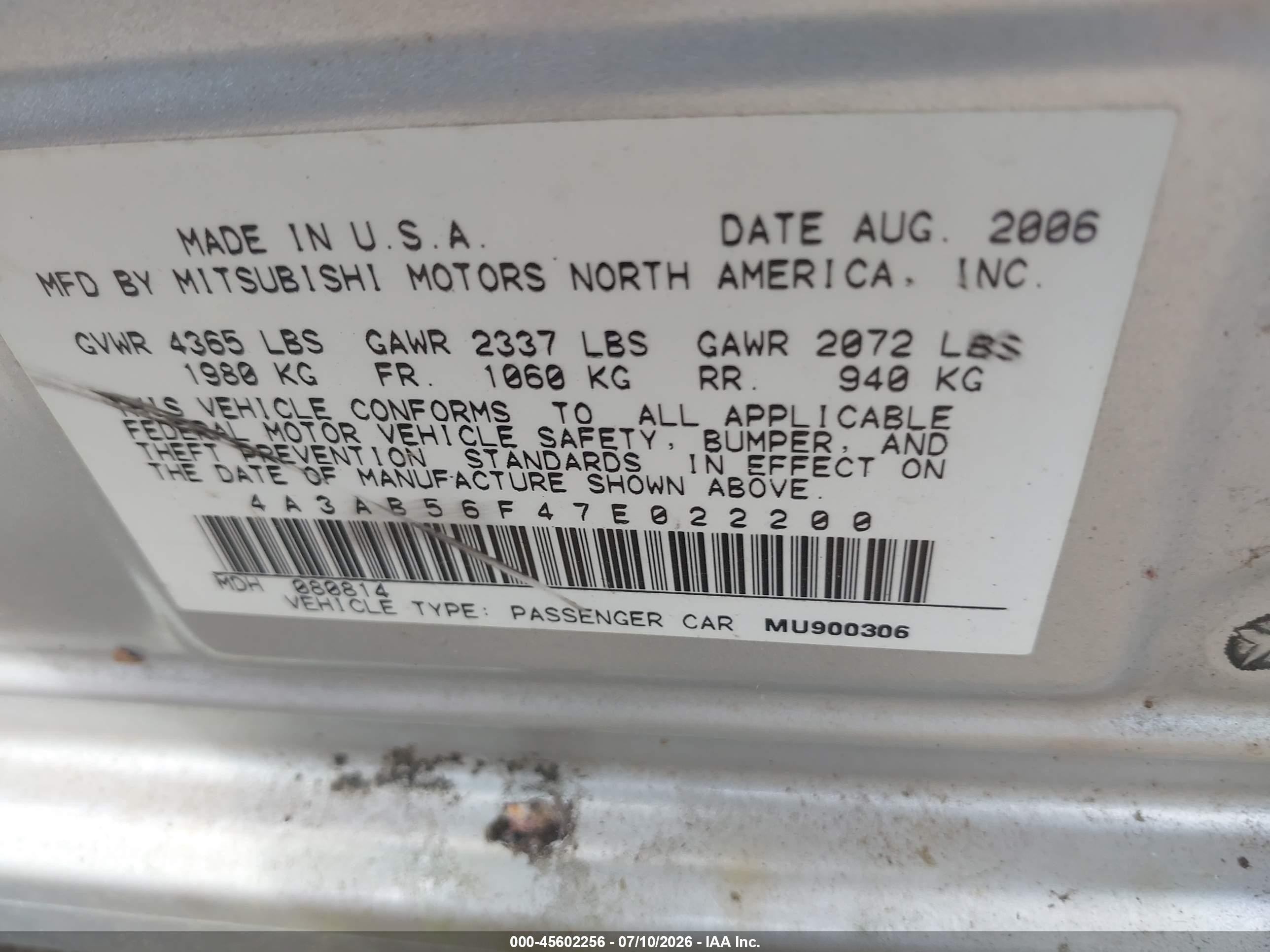 2007 Mitsubishi Galant Es Silver vin: 4A3AB56F47E022200