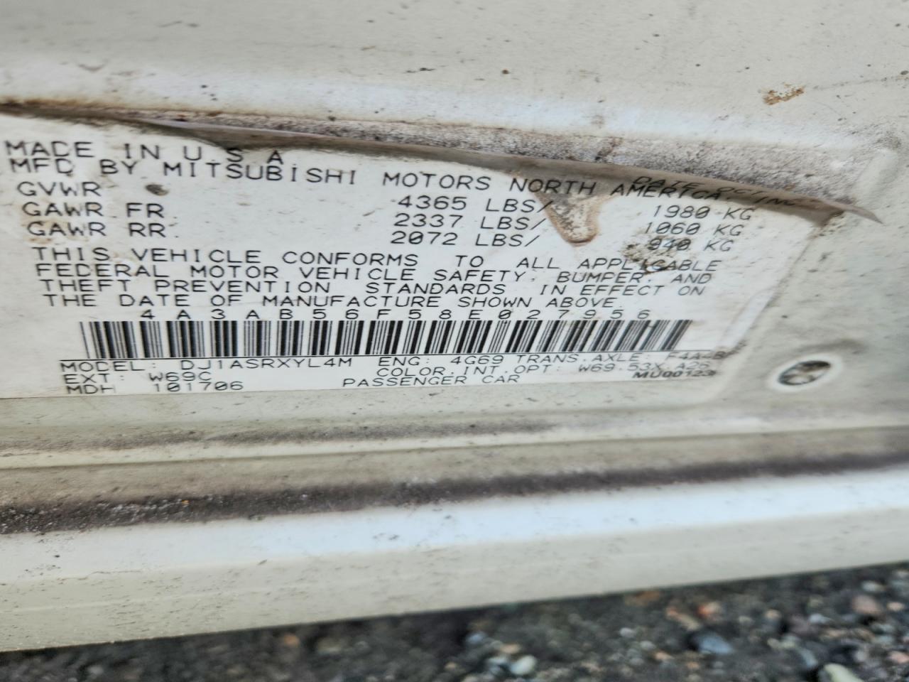 2008 Mitsubishi Galant Es Premium White vin: 4A3AB56F58E027956
