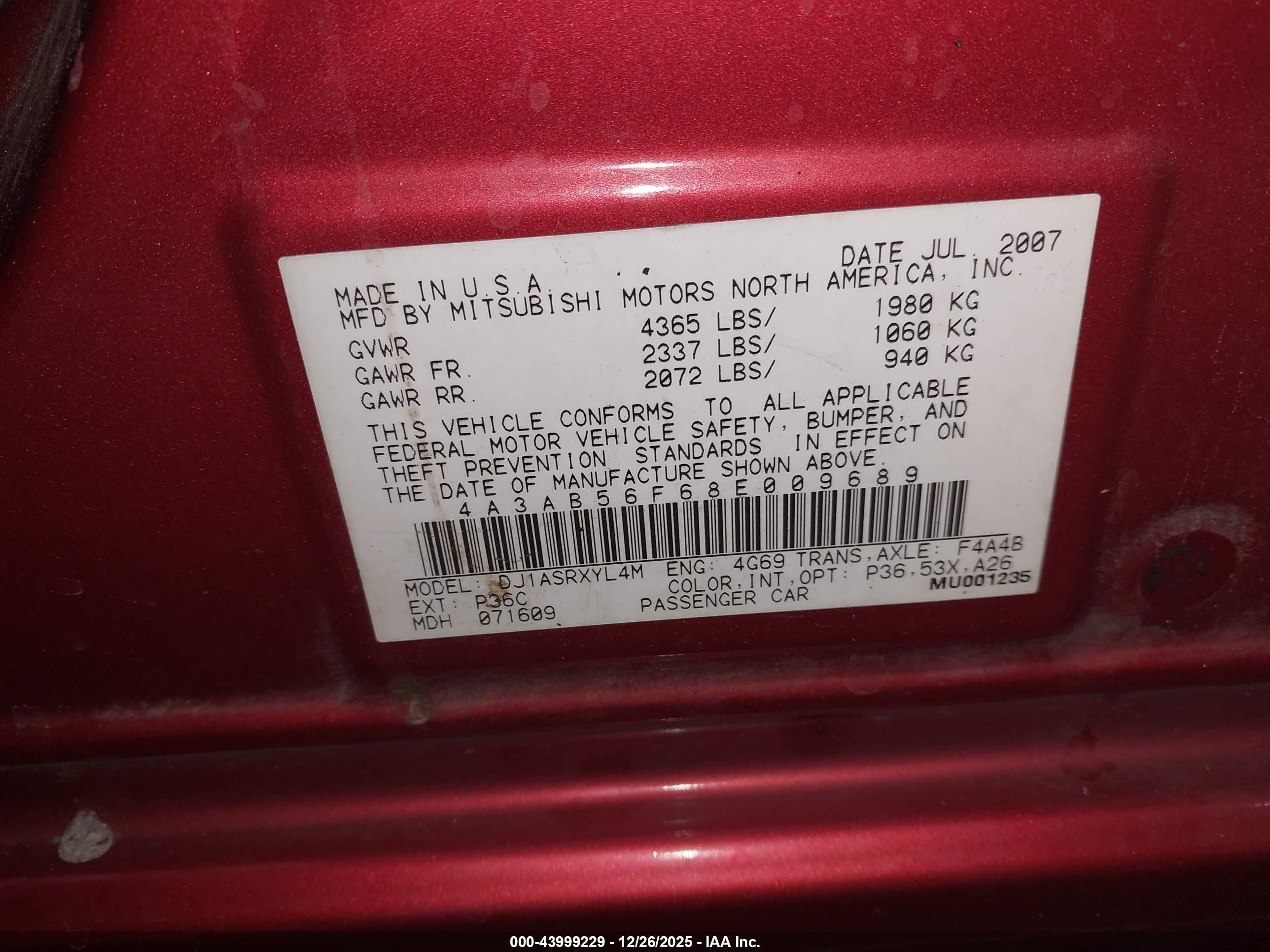 2008 Mitsubishi Galant Es Red vin: 4A3AB56F68E009689