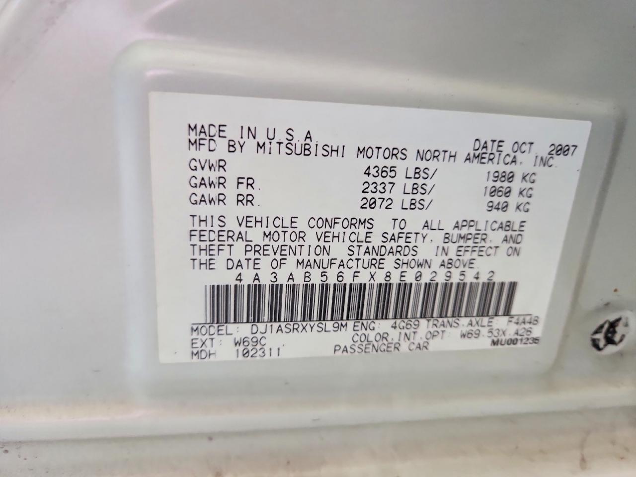 2008 Mitsubishi Galant Es Premium White vin: 4A3AB56FX8E029542