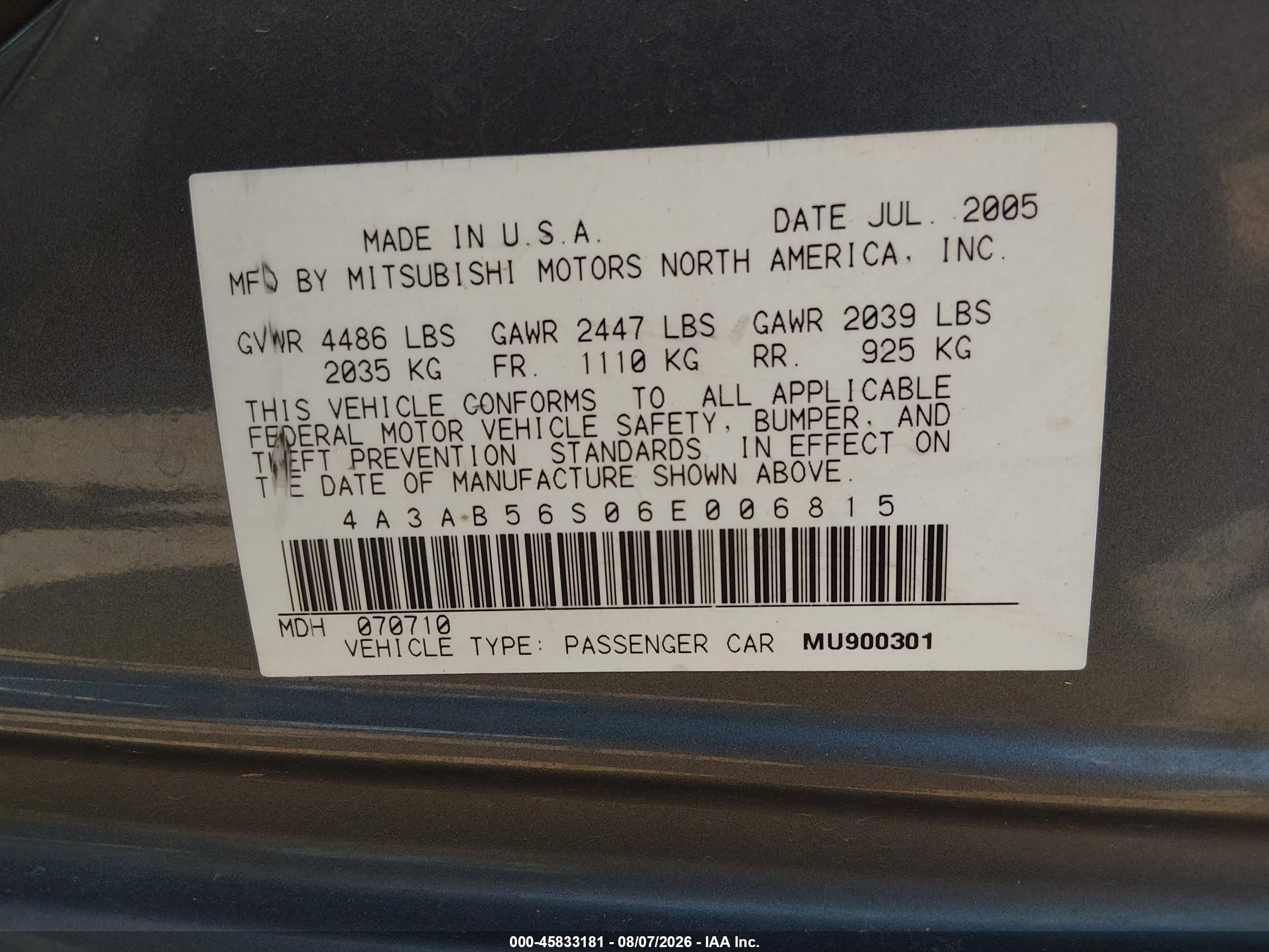 2006 Mitsubishi Galant Ls Gray vin: 4A3AB56S06E006815