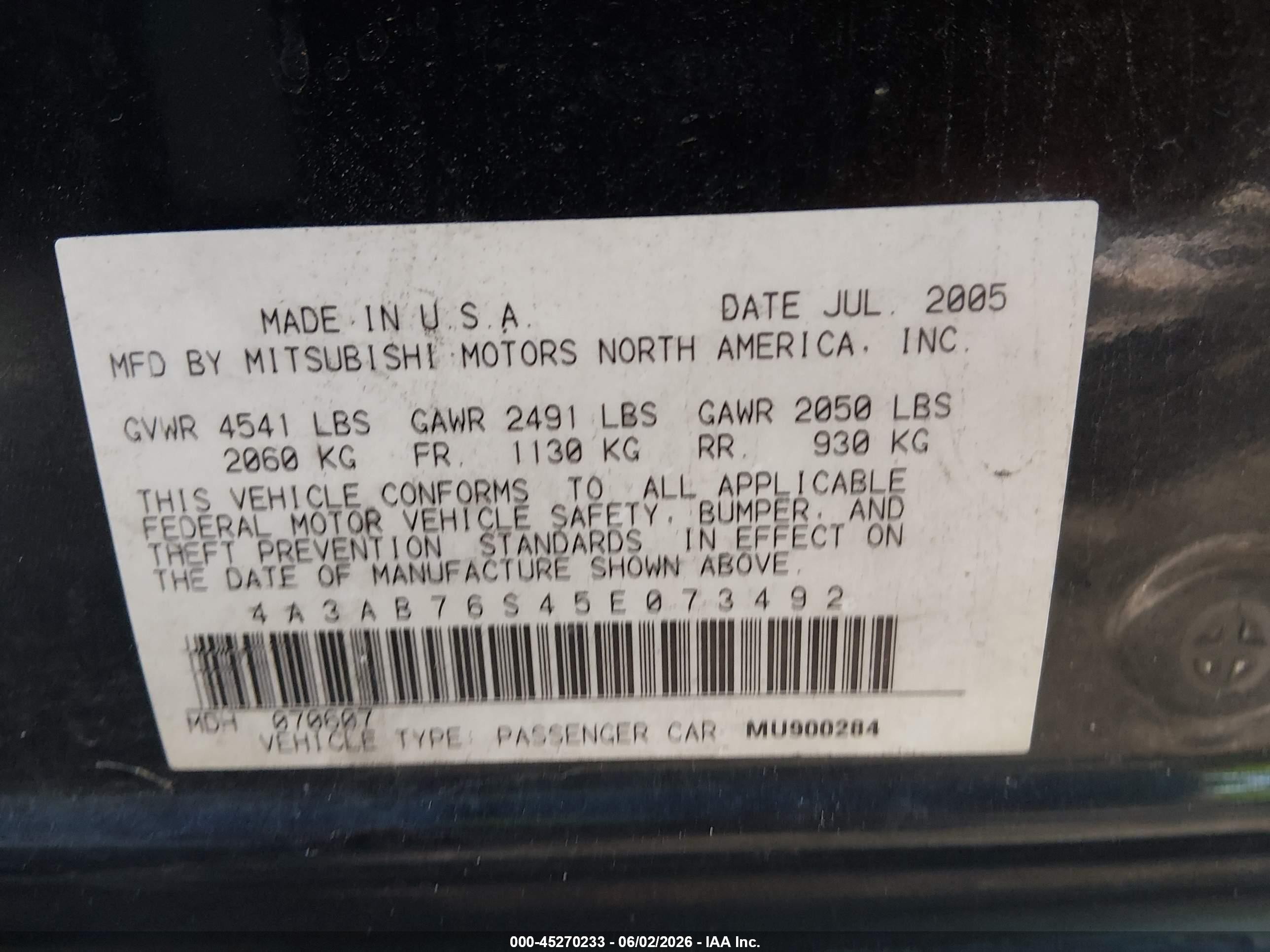 2005 Mitsubishi Galant Gts Black vin: 4A3AB76S45E073492