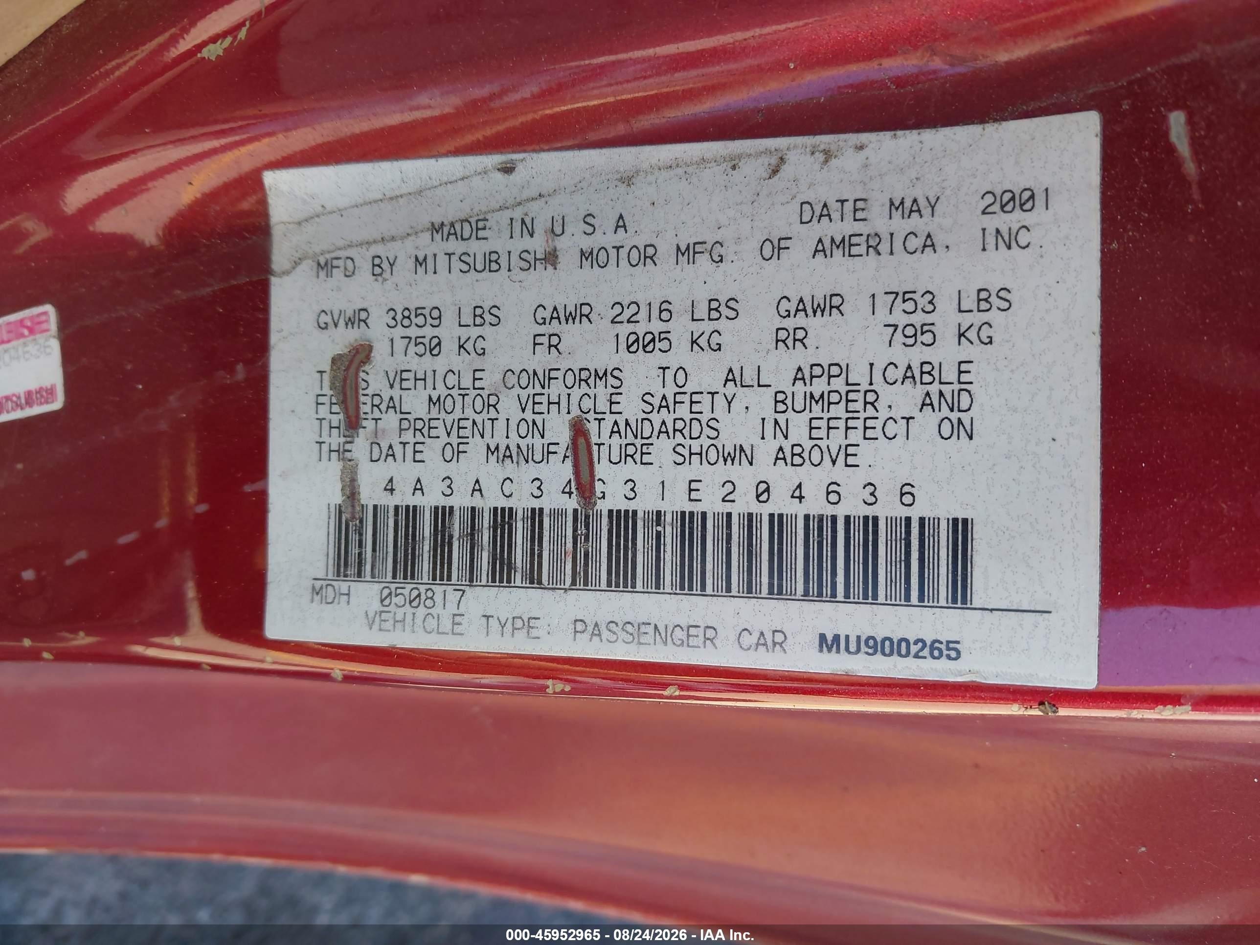 2001 Mitsubishi Eclipse Rs Red vin: 4A3AC34G31E204636