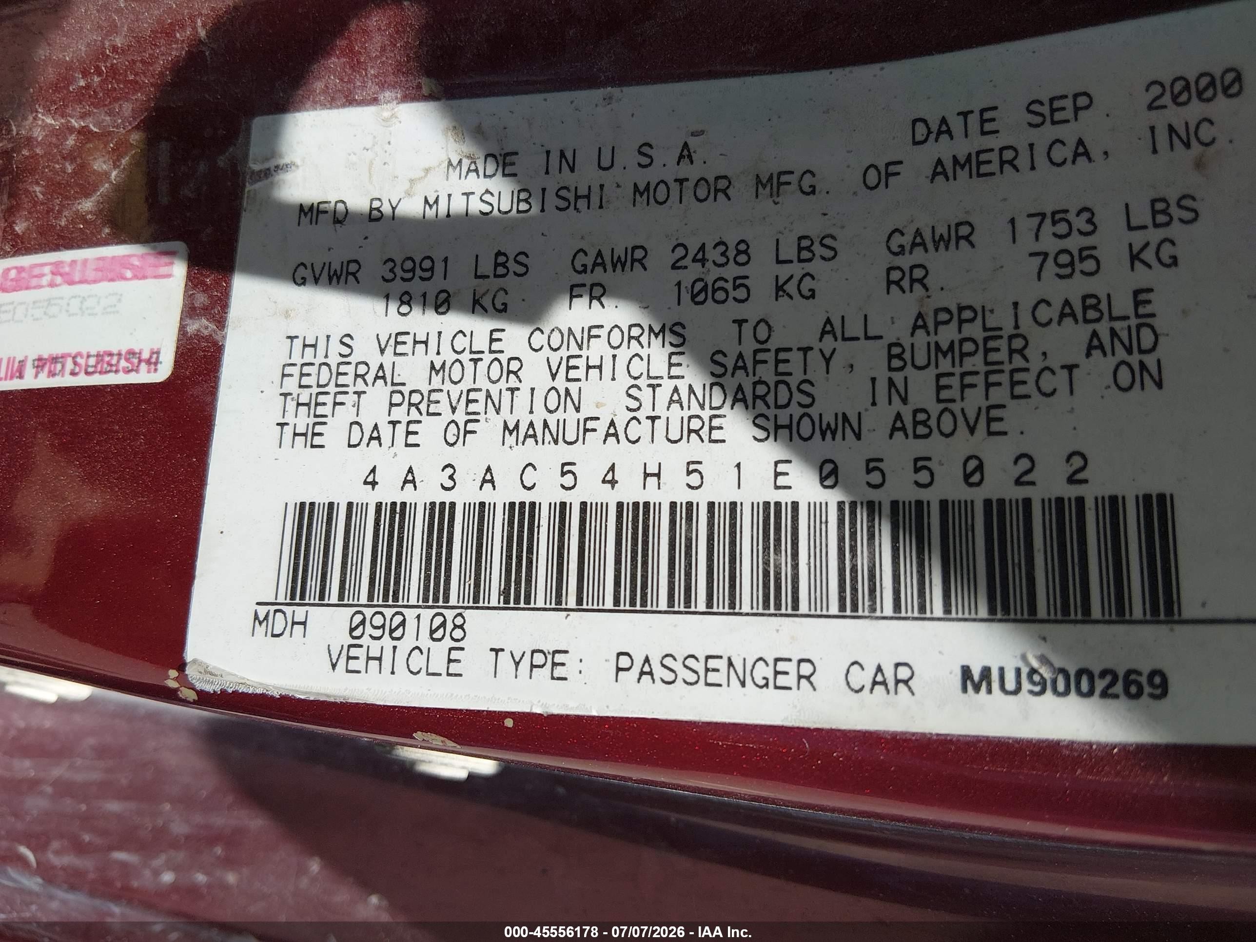 2001 Mitsubishi Eclipse Gt Red vin: 4A3AC54H51E055022