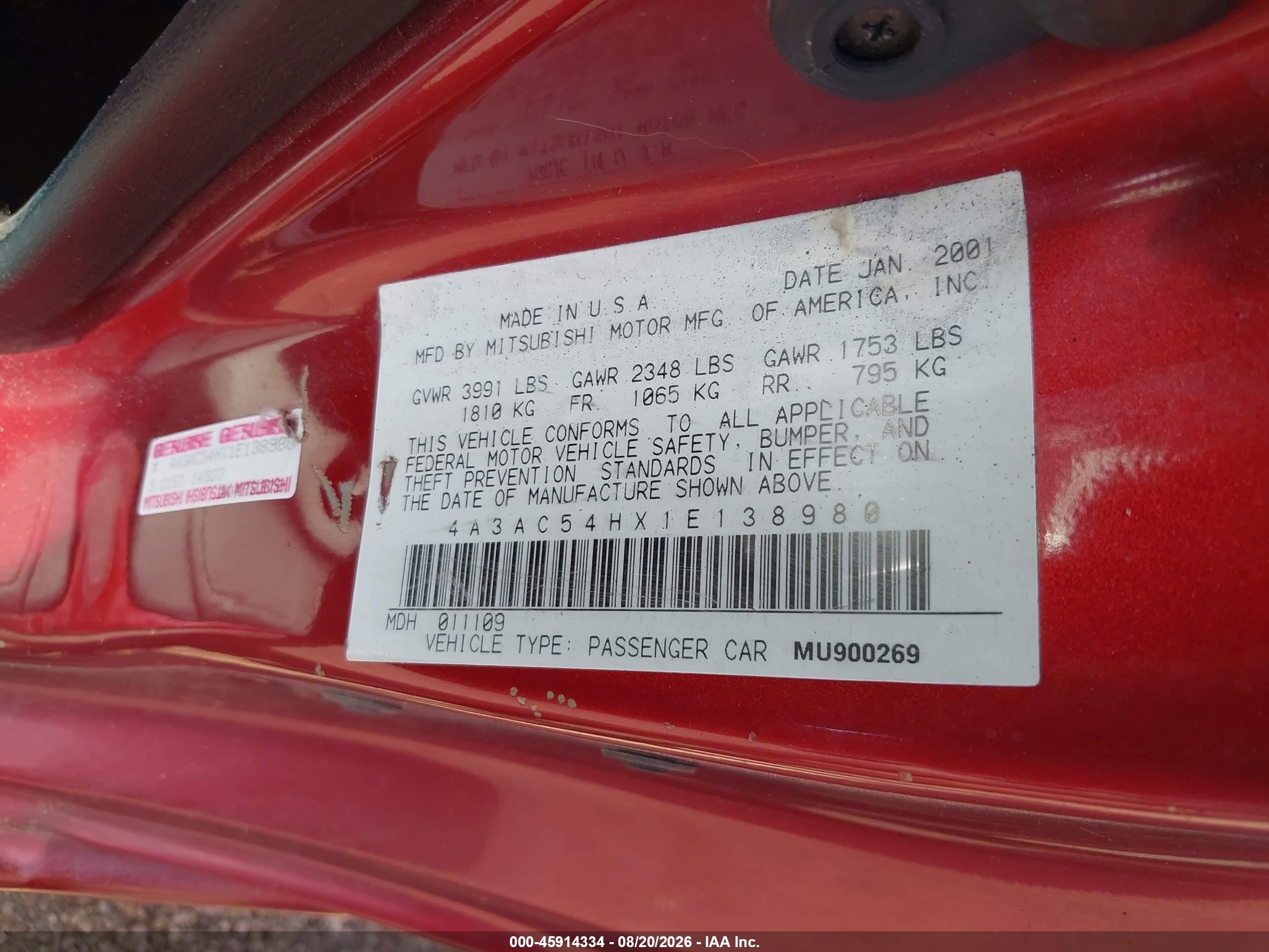2001 Mitsubishi Eclipse Gt Red vin: 4A3AC54HX1E138980