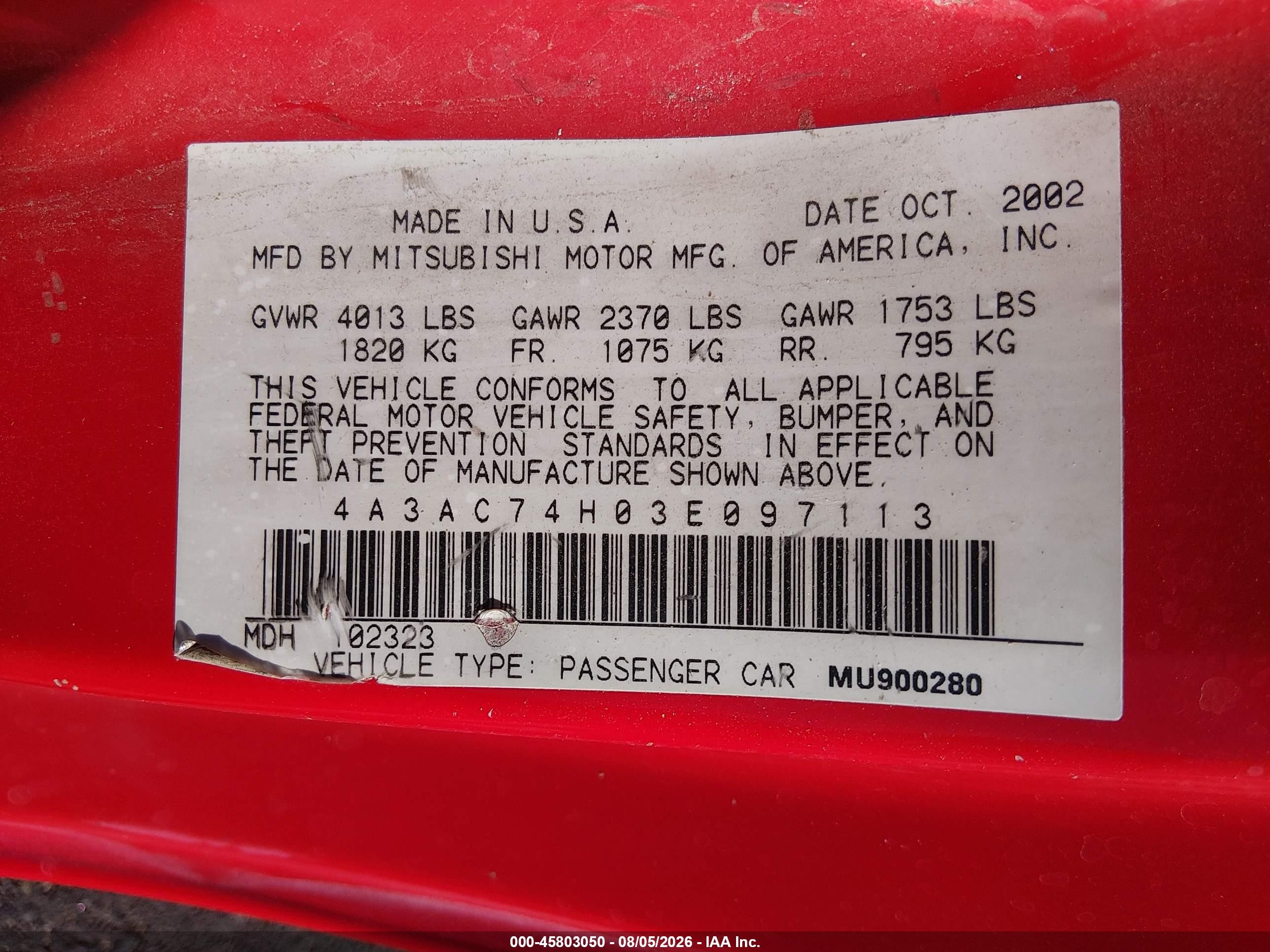 2003 Mitsubishi Eclipse Gts Red vin: 4A3AC74H03E097113