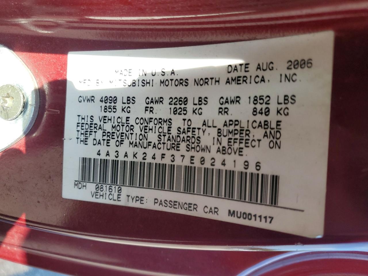 2007 Mitsubishi Eclipse Gs Burgundy vin: 4A3AK24F37E024196