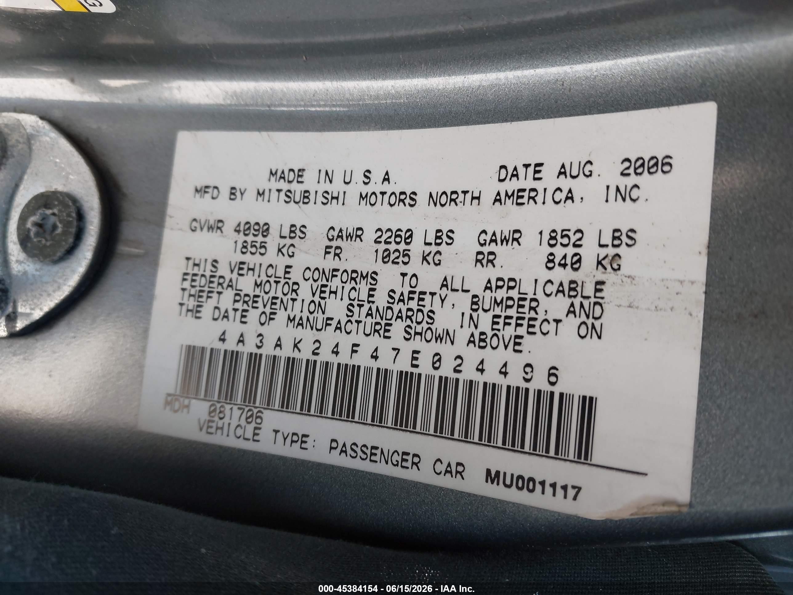 2007 Mitsubishi Eclipse Gs Gray vin: 4A3AK24F47E024496
