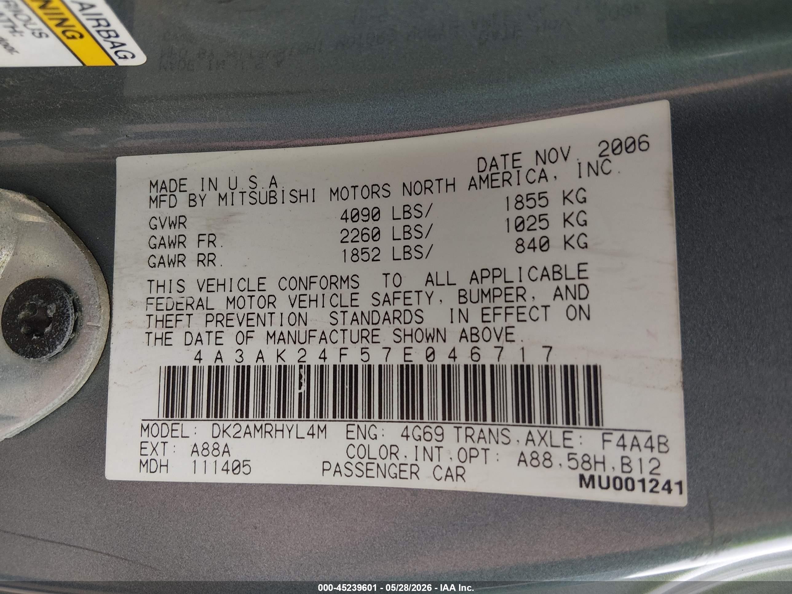2007 Mitsubishi Eclipse Gs Gray vin: 4A3AK24F57E046717