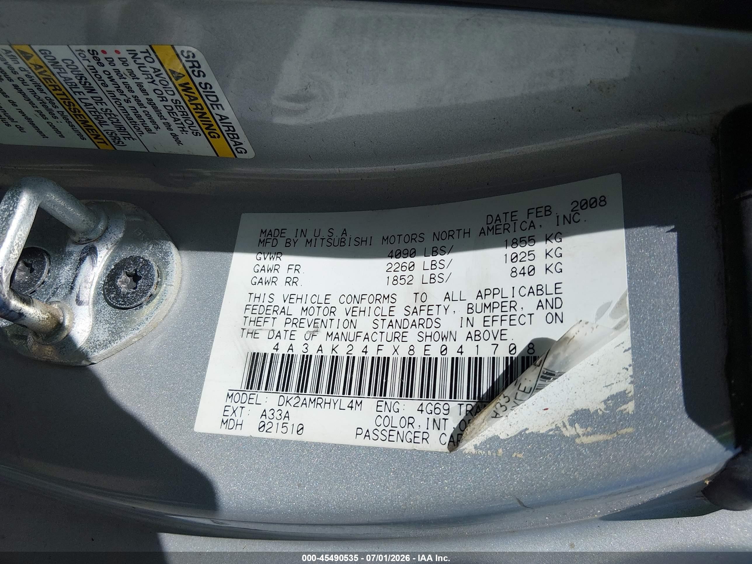 2008 Mitsubishi Eclipse Gs Silver vin: 4A3AK24FX8E041708