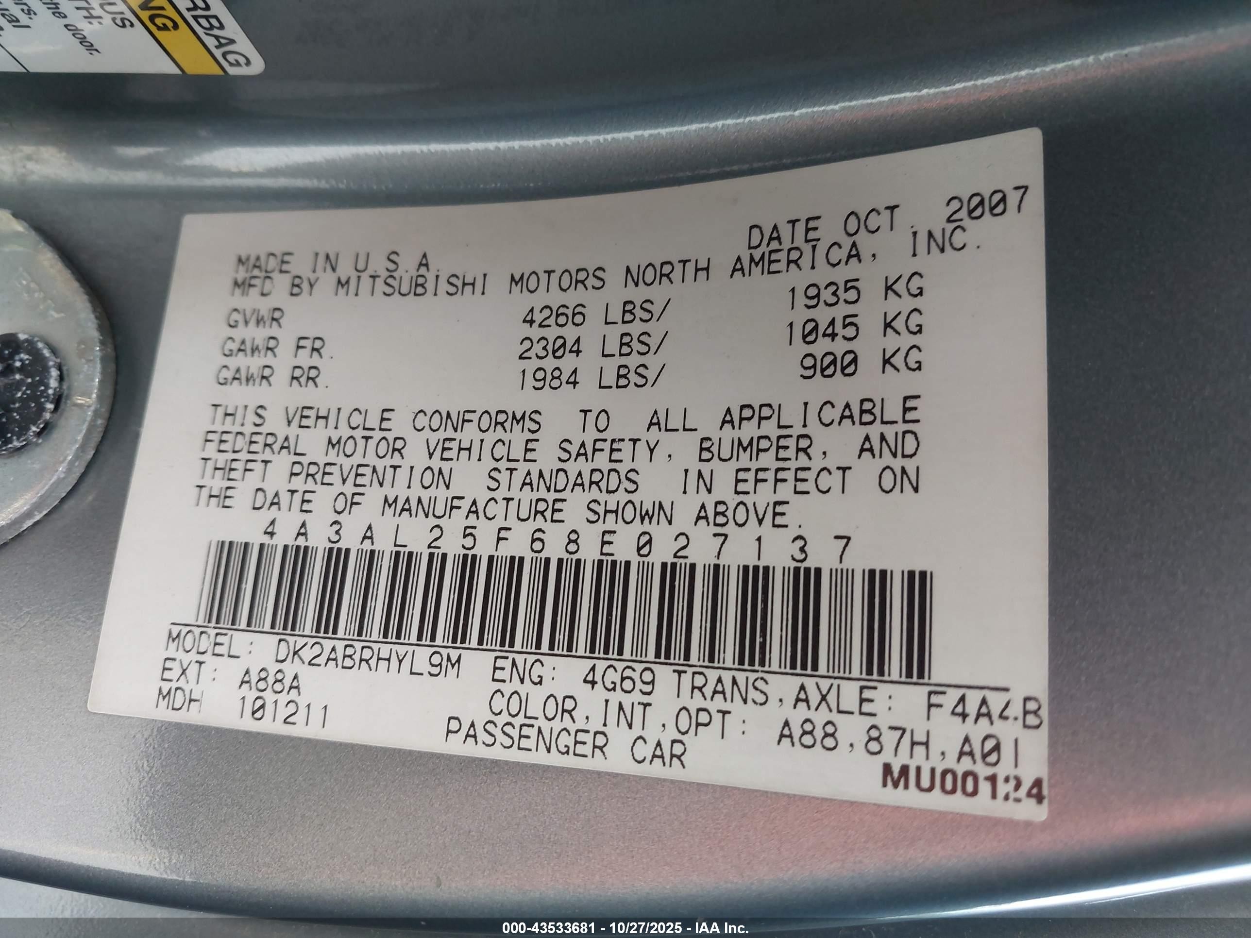 2008 Mitsubishi Eclipse Spyder Gs Серый vin: 4A3AL25F68E027137