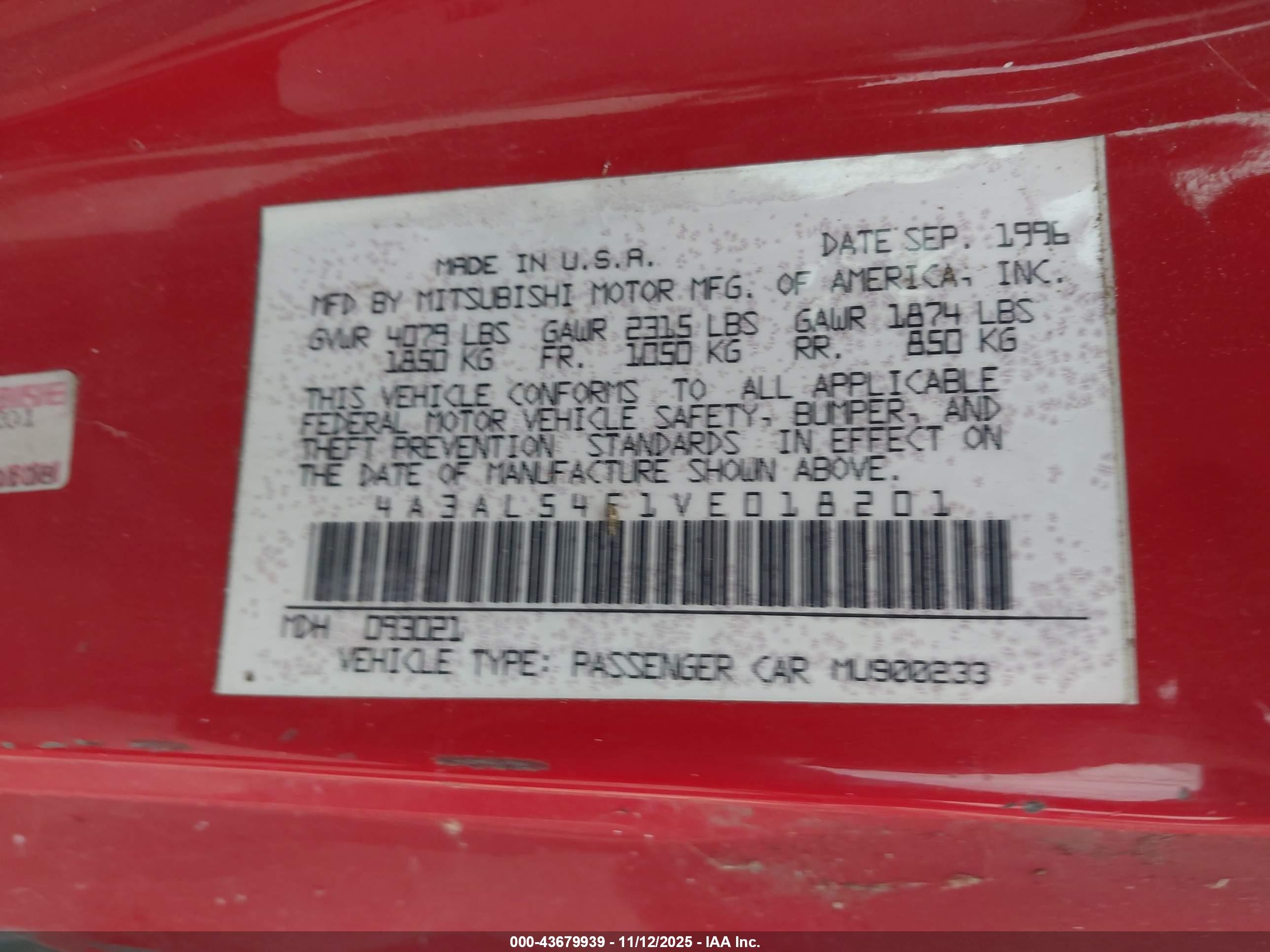 1997 Mitsubishi Eclipse Gsx Red vin: 4A3AL54F1VE018201
