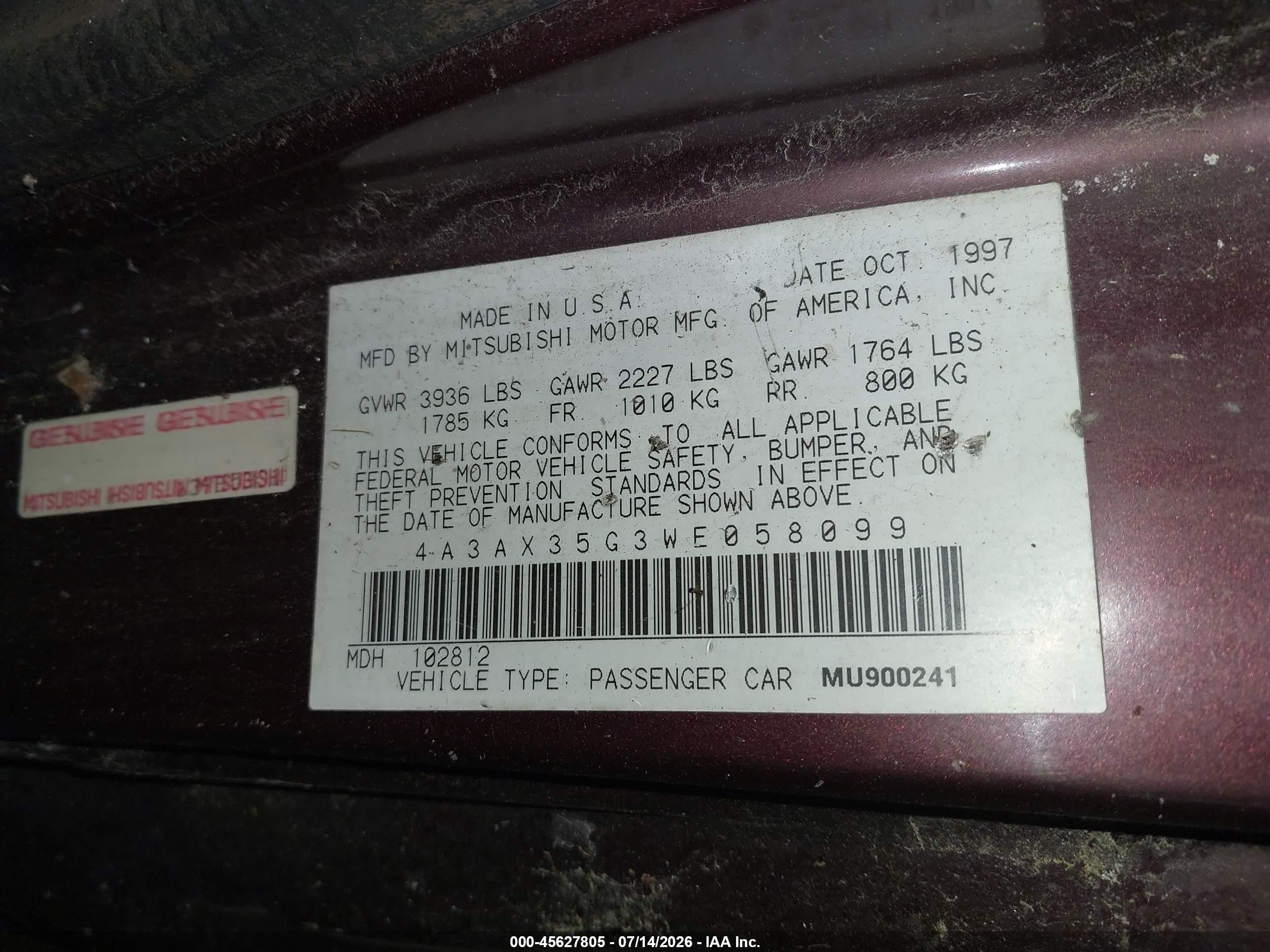 1998 Mitsubishi Eclipse Spyder Gs Burgundy vin: 4A3AX35G3WE058099