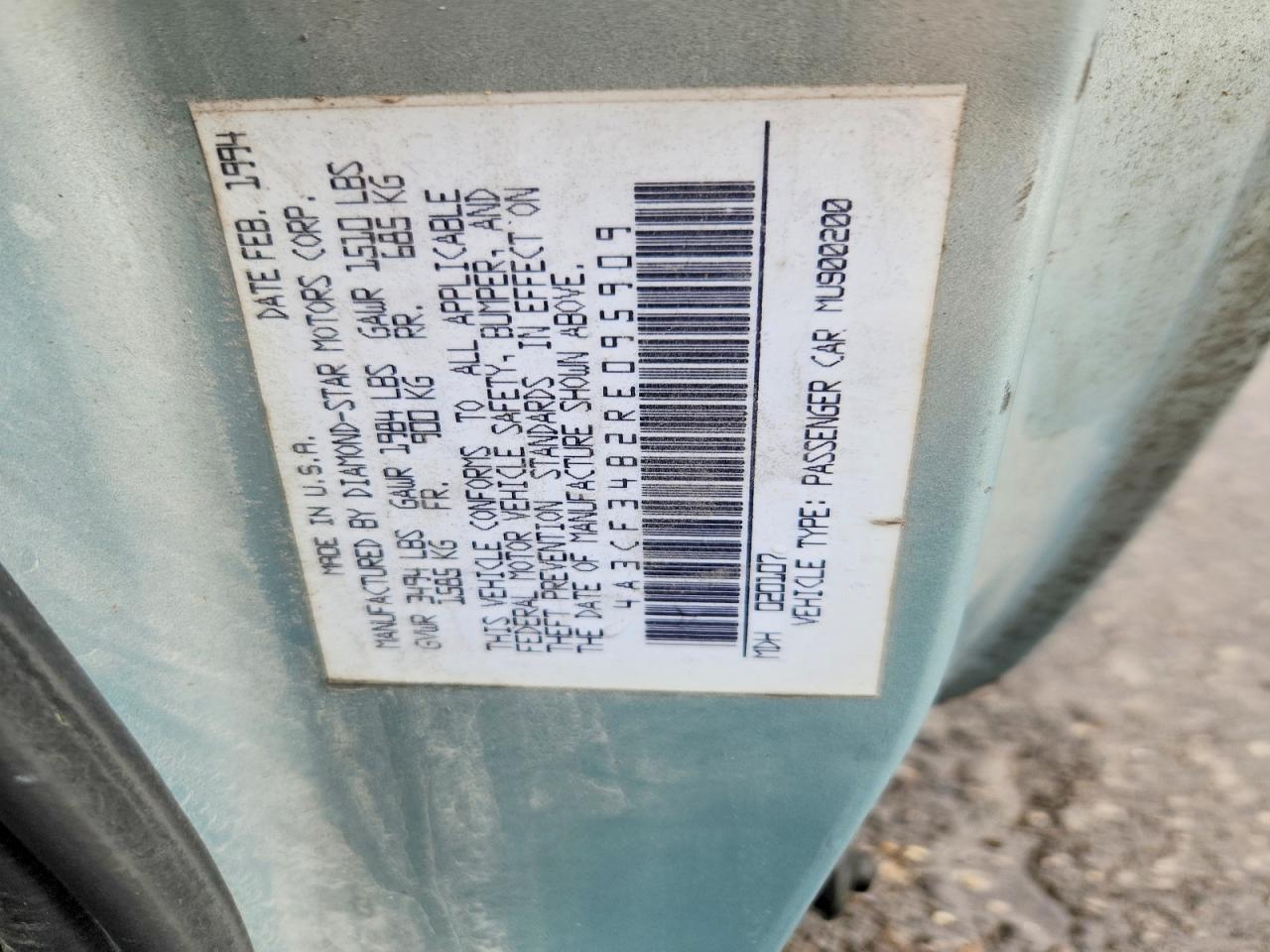 1994 Mitsubishi Eclipse Silver vin: 4A3CF34B2RE095909