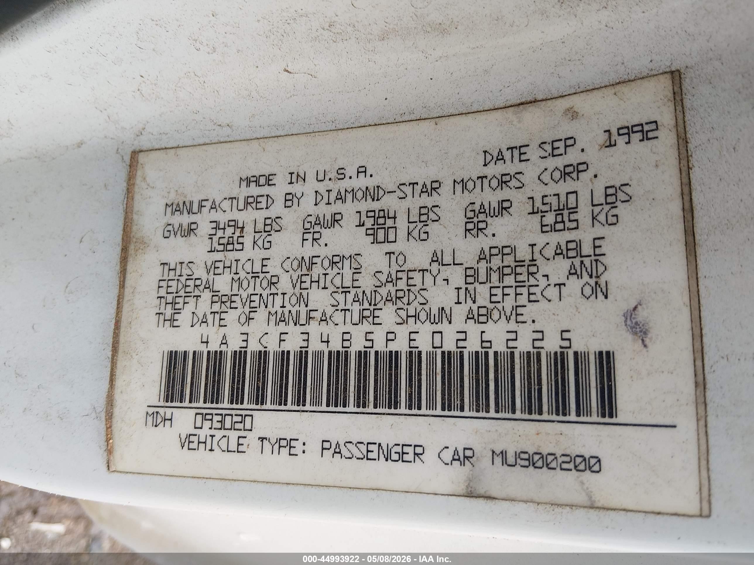 1993 Mitsubishi Eclipse   White vin: 4A3CF34B5PE026225