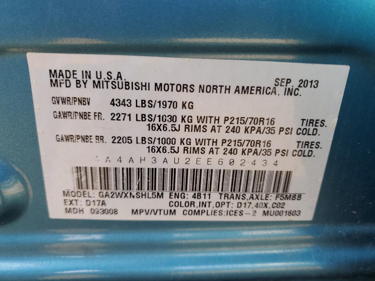 2014 Mitsubishi Rvr Se Blue vin: 4A4AH3AU2EE602434
