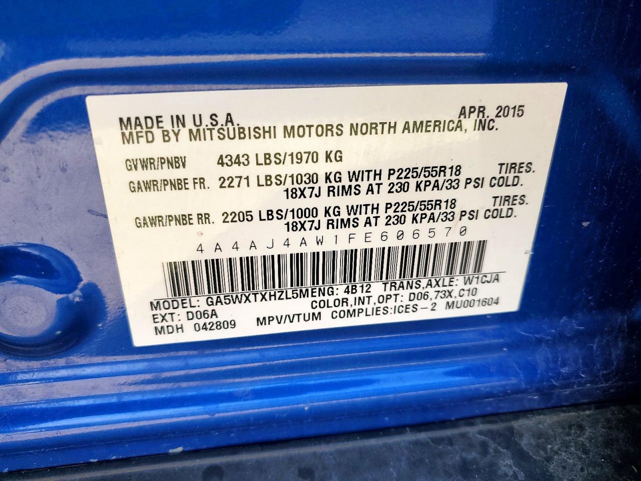 2015 Mitsubishi Rvr Gt Blue vin: 4A4AJ4AW1FE606570