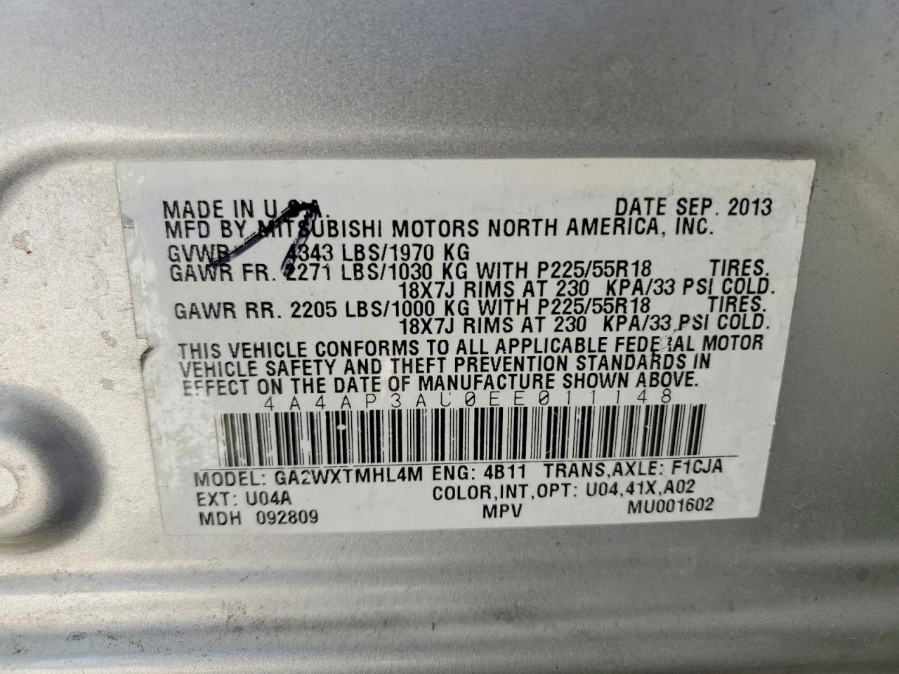 2014 Mitsubishi Outlander Sport Es Silver vin: 4A4AP3AU0EE011148