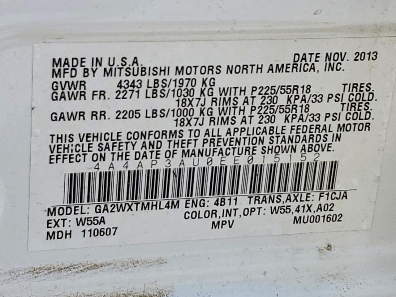 2014 Mitsubishi Outlander Sport Es White vin: 4A4AP3AU0EE015152