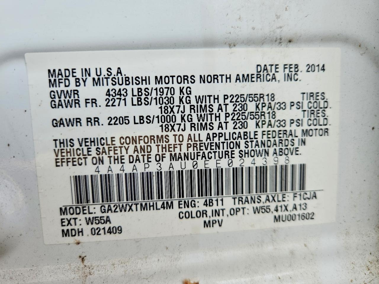 2014 Mitsubishi Outlander Sport Es White vin: 4A4AP3AU0EE024398