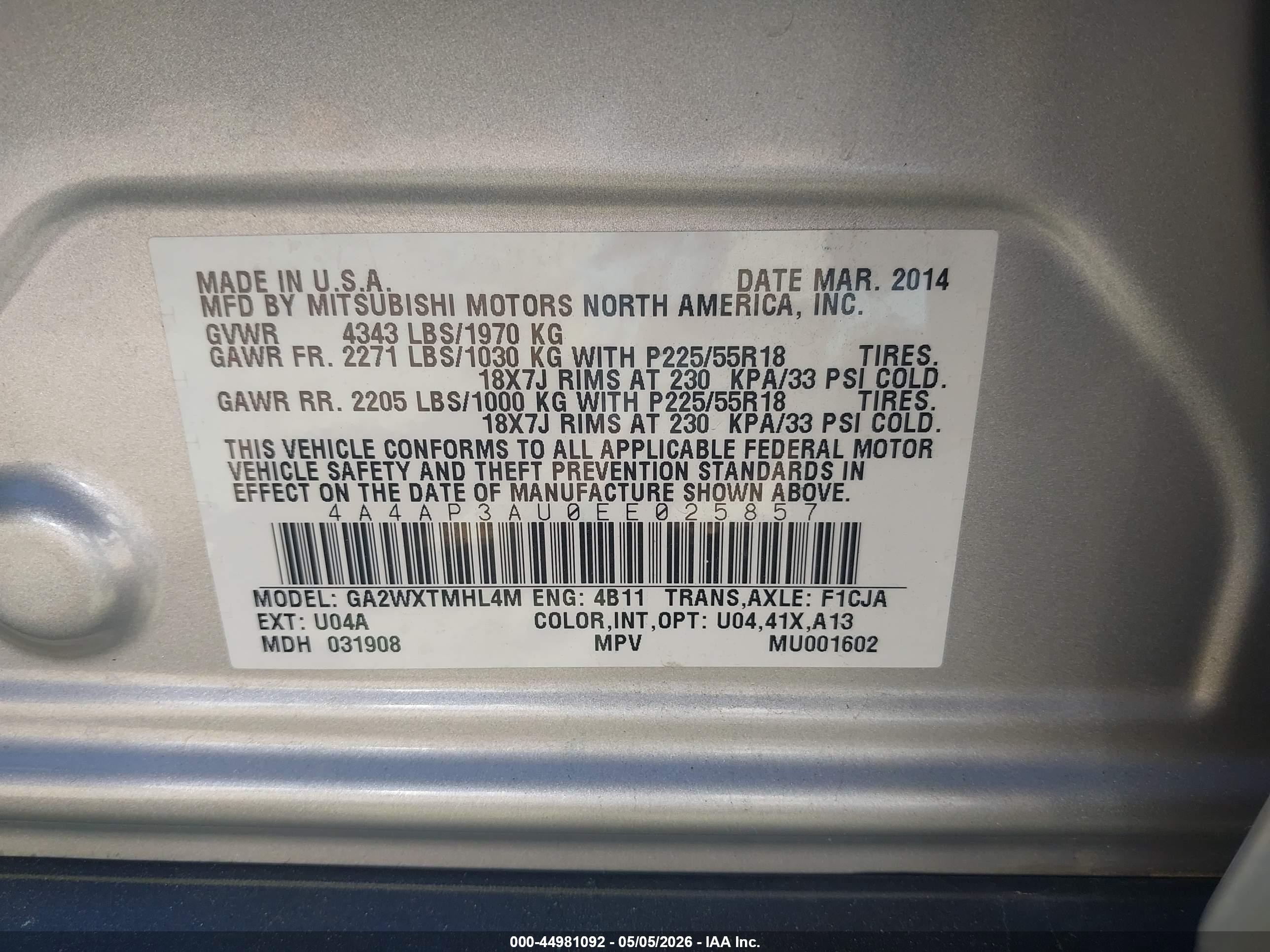 2014 Mitsubishi Outlander Sport Es Silver vin: 4A4AP3AU0EE025857