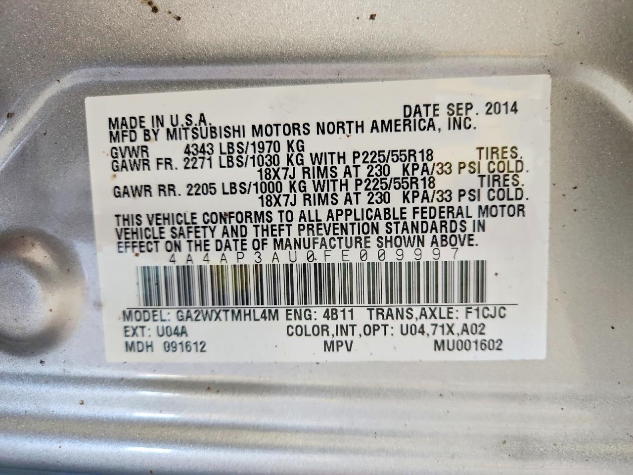 2015 Mitsubishi Outlander Sport Es Silver vin: 4A4AP3AU0FE009997