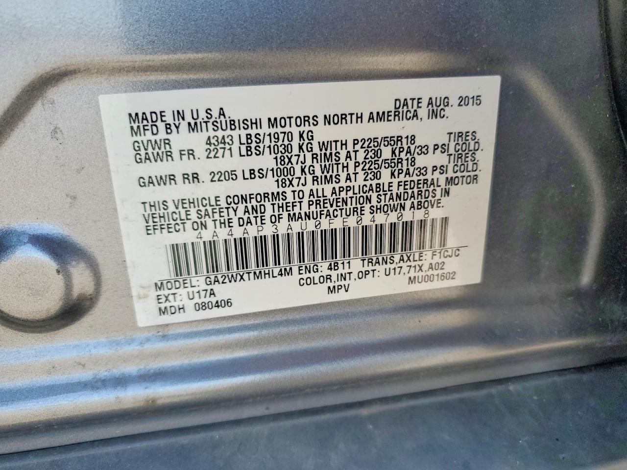 2015 Mitsubishi Outlander Sport Es Gray vin: 4A4AP3AU0FE047018