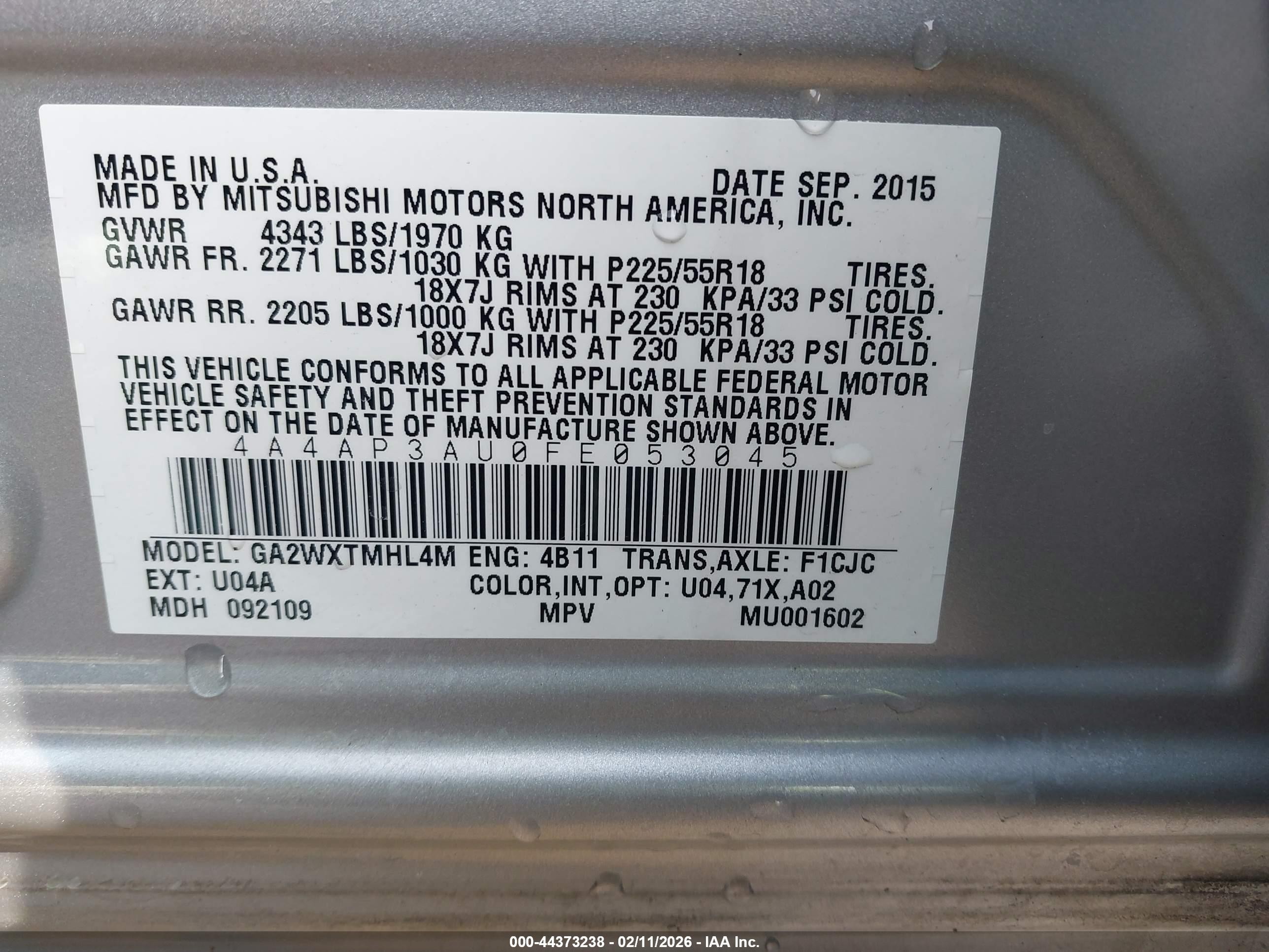2015 Mitsubishi Outlander Sport Es Silver vin: 4A4AP3AU0FE053045