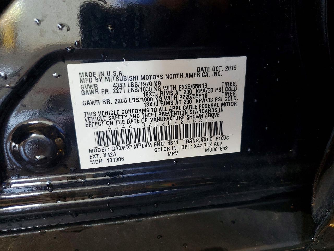 2015 Mitsubishi Outlander Sport Es Black vin: 4A4AP3AU0FE056317