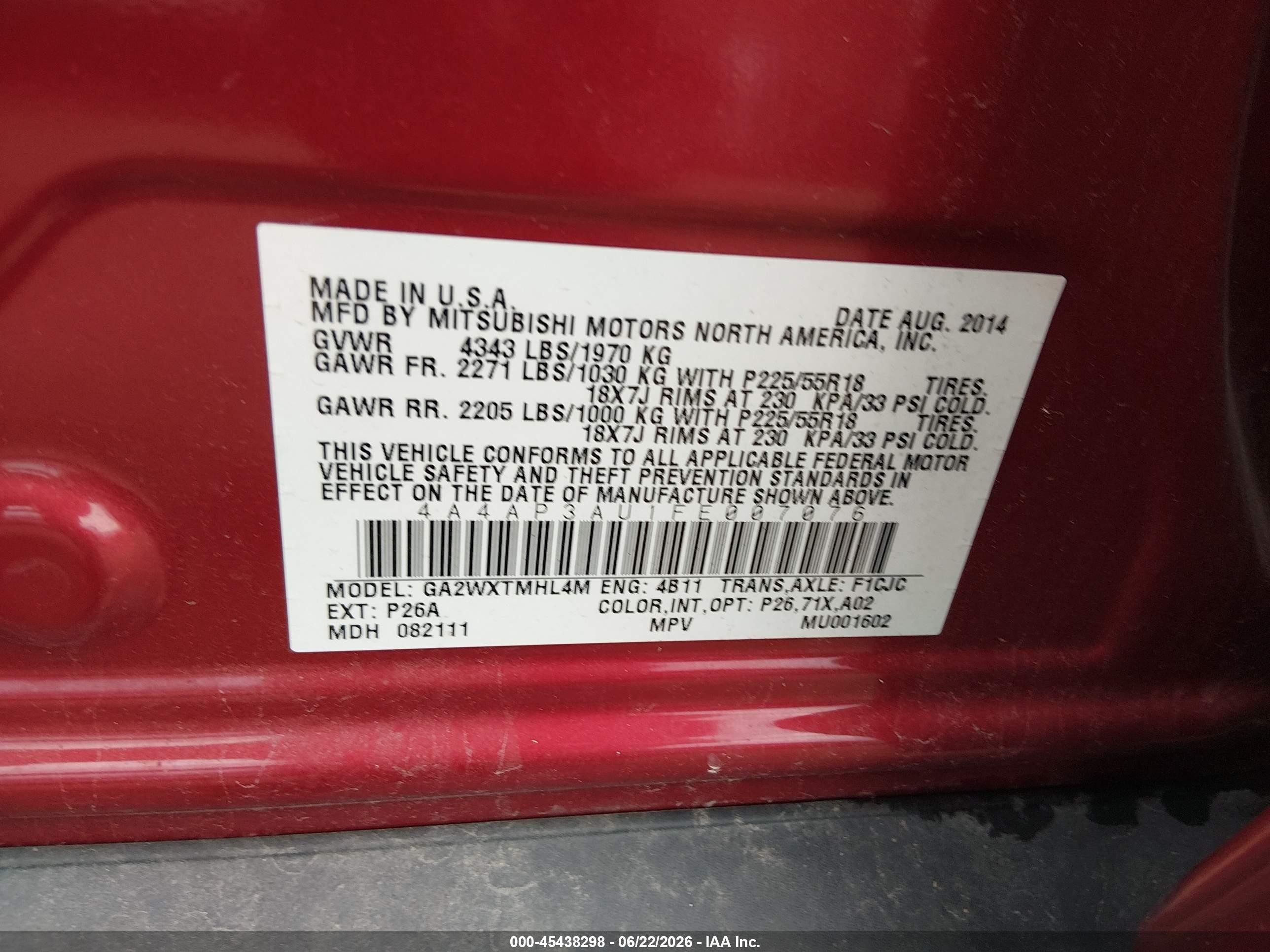 2015 Mitsubishi Outlander Sport Es Бордовый vin: 4A4AP3AU1FE007076