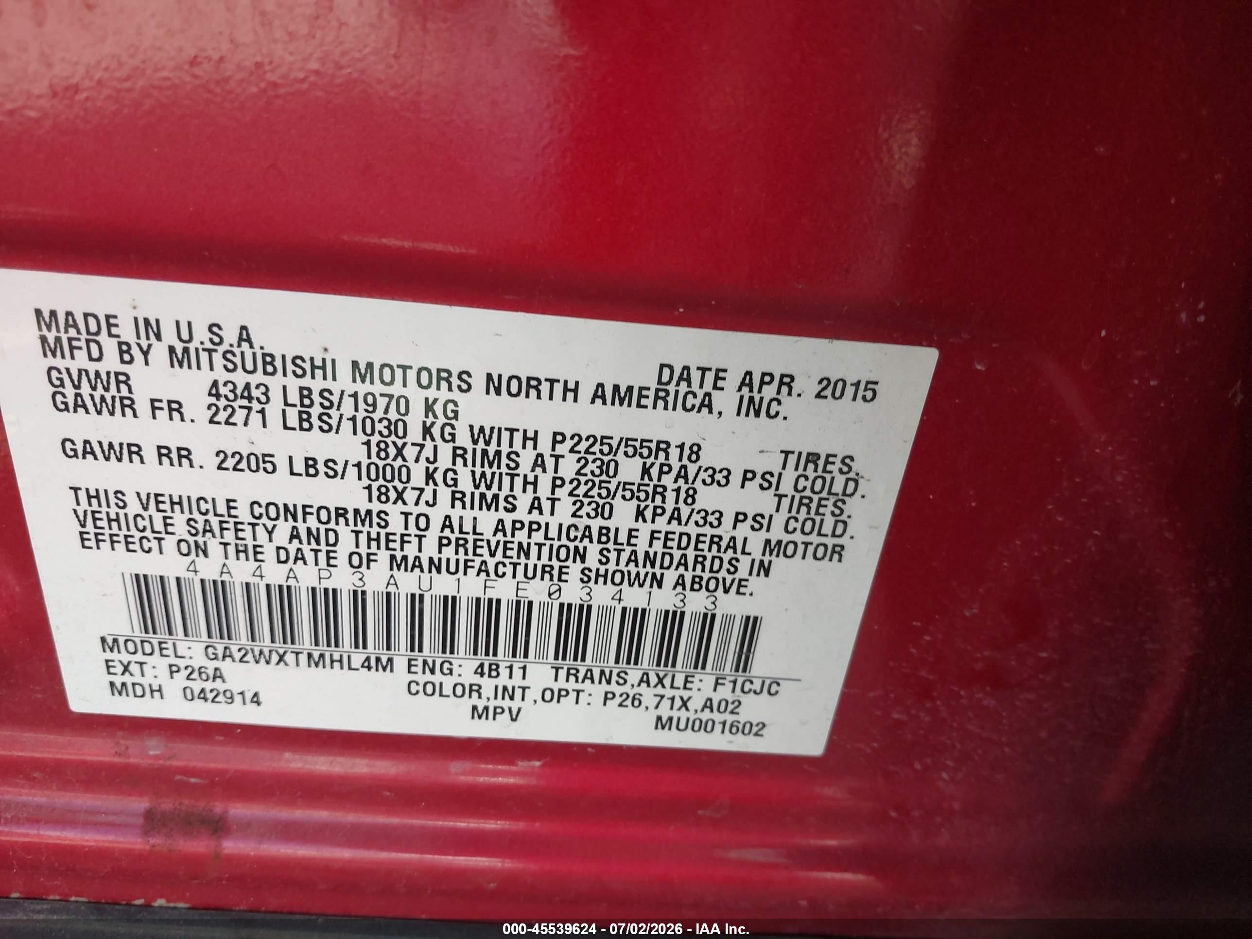 2015 Mitsubishi Outlander Sport Es Red vin: 4A4AP3AU1FE034133