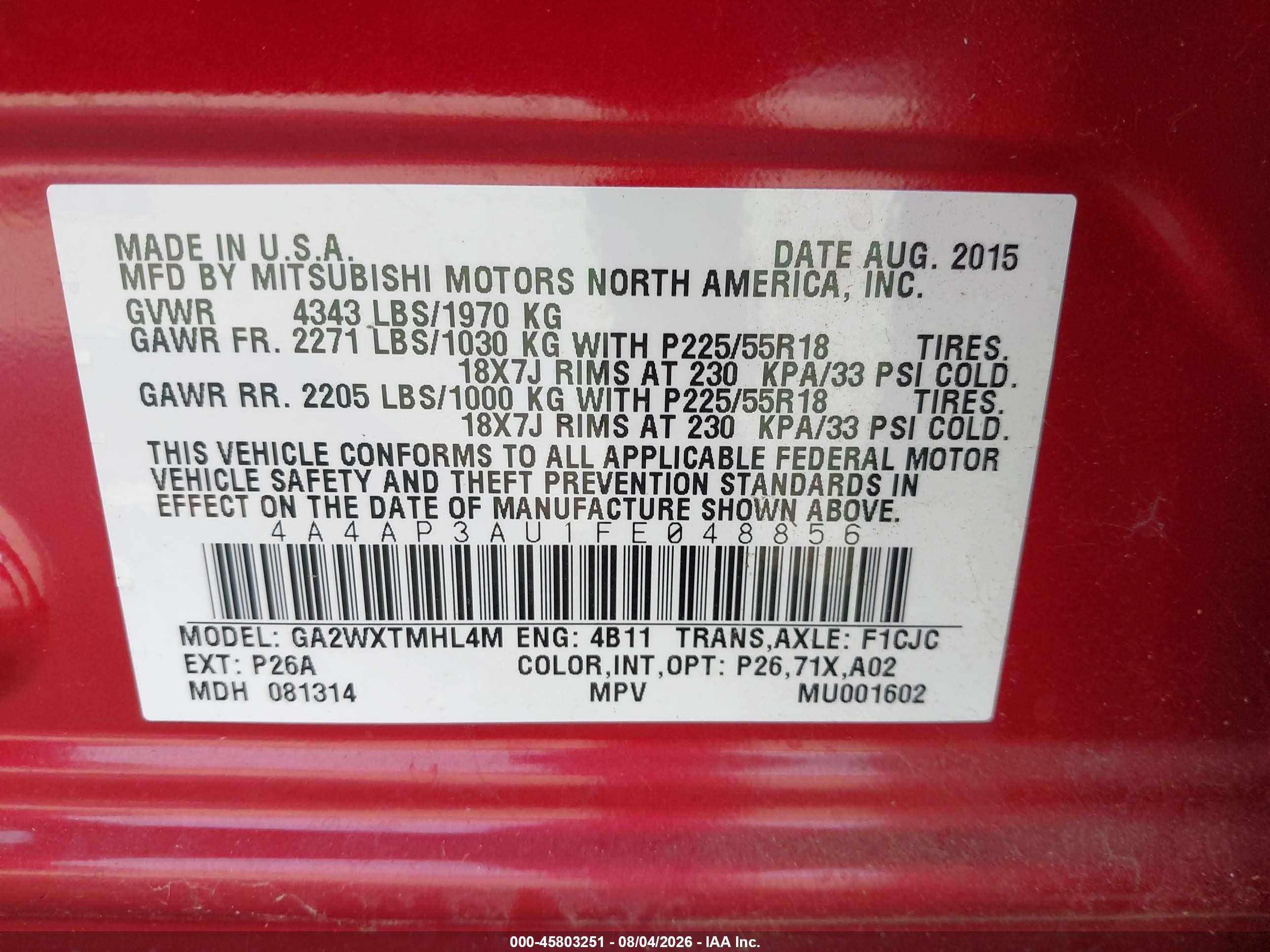 2015 Mitsubishi Outlander Sport Es Red vin: 4A4AP3AU1FE048856
