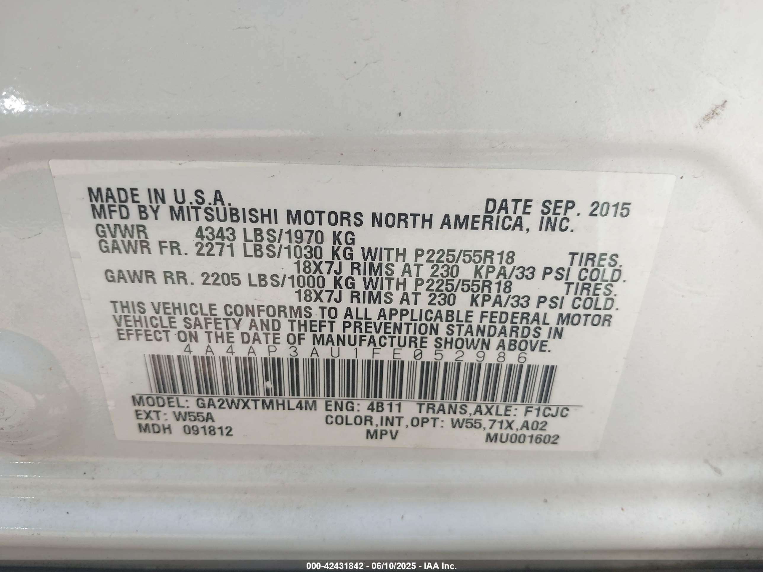 2015 Mitsubishi Outlander Sport Es White vin: 4A4AP3AU1FE052986