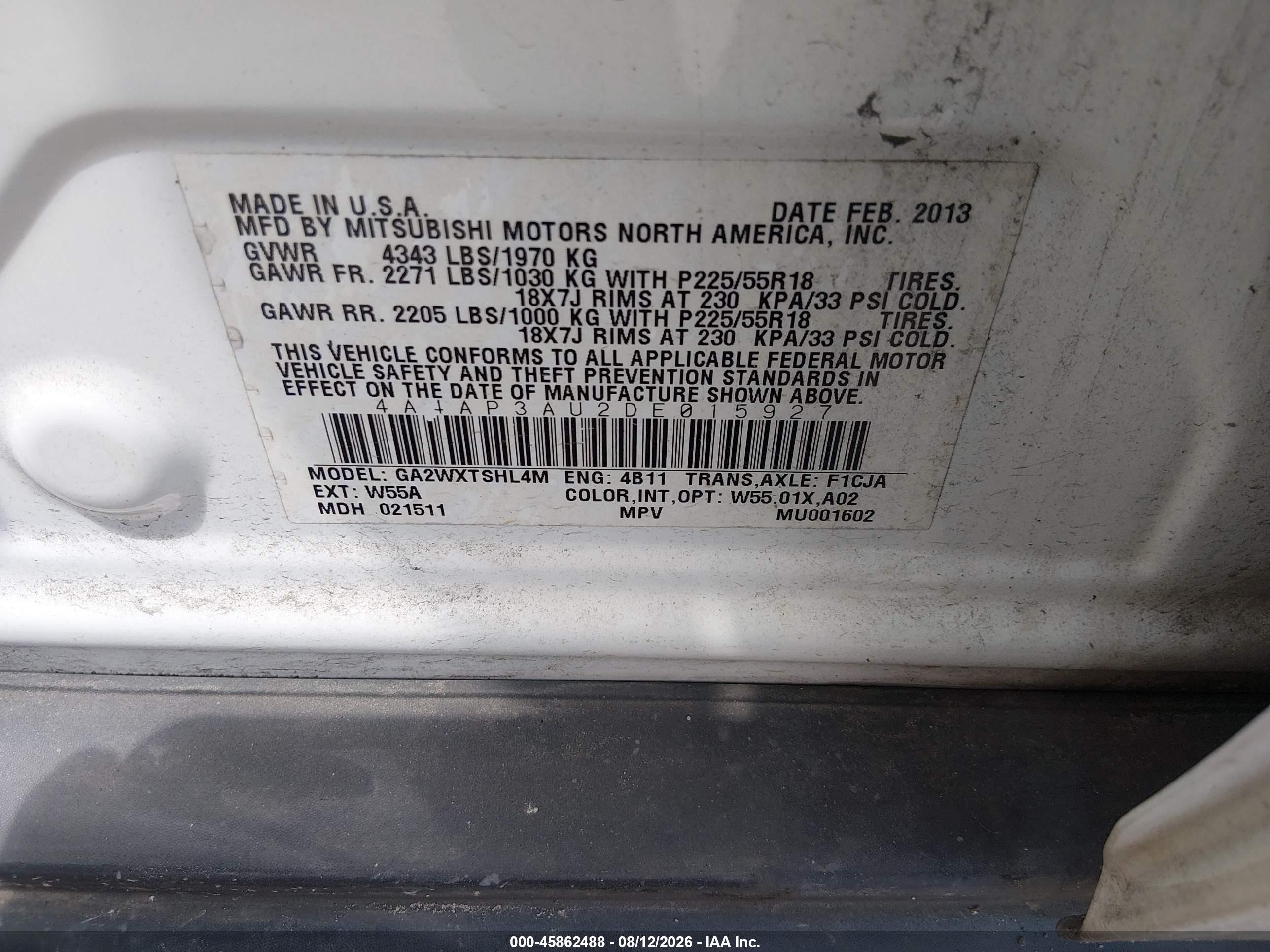 2013 Mitsubishi Outlander Sport Es Белый vin: 4A4AP3AU2DE015927
