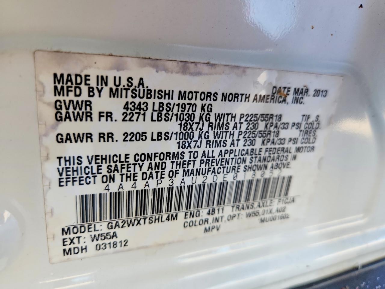 2013 Mitsubishi Outlander Sport Es White vin: 4A4AP3AU2DE018052