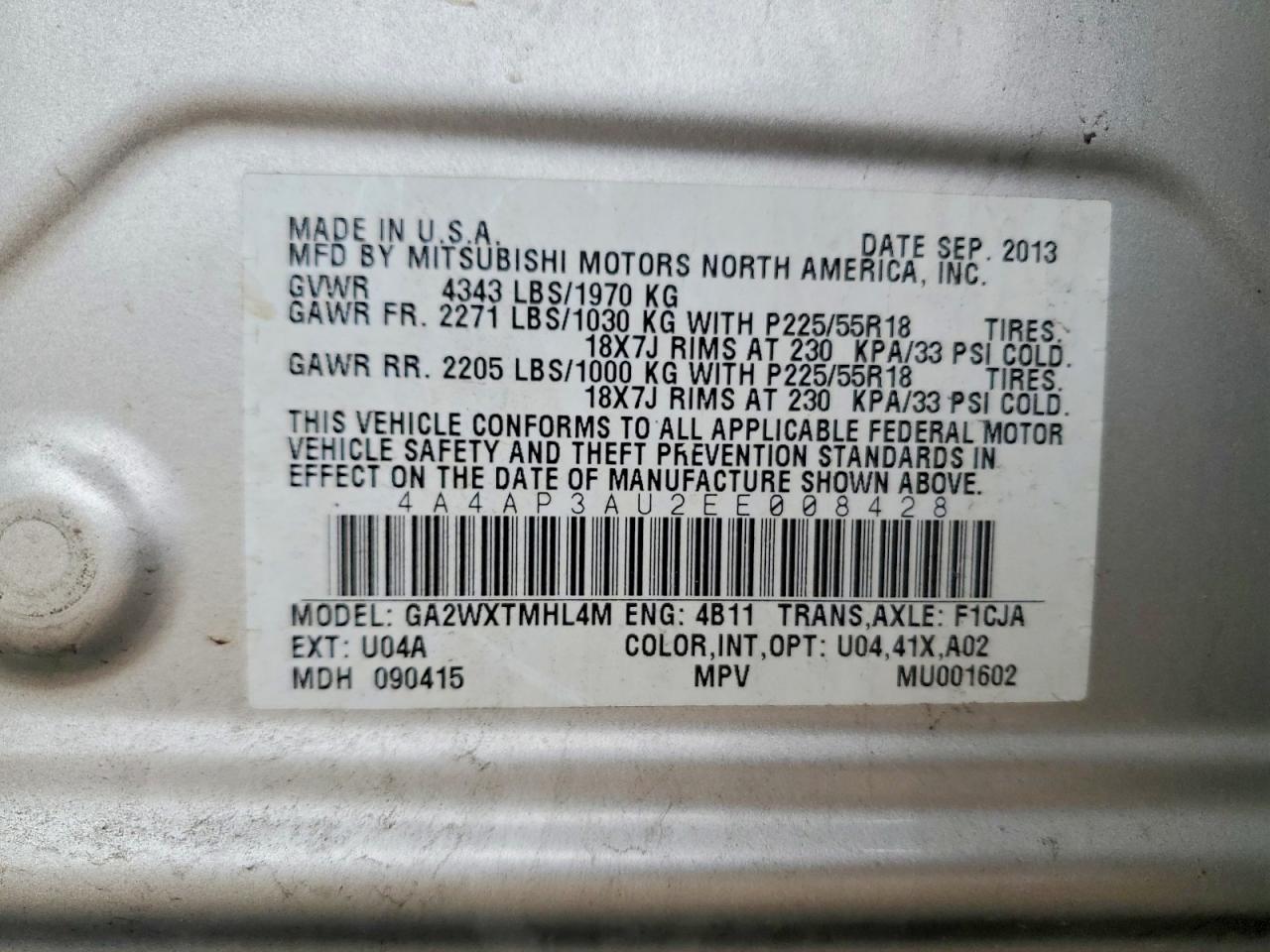 2014 Mitsubishi Outlander Sport Es Silver vin: 4A4AP3AU2EE008428