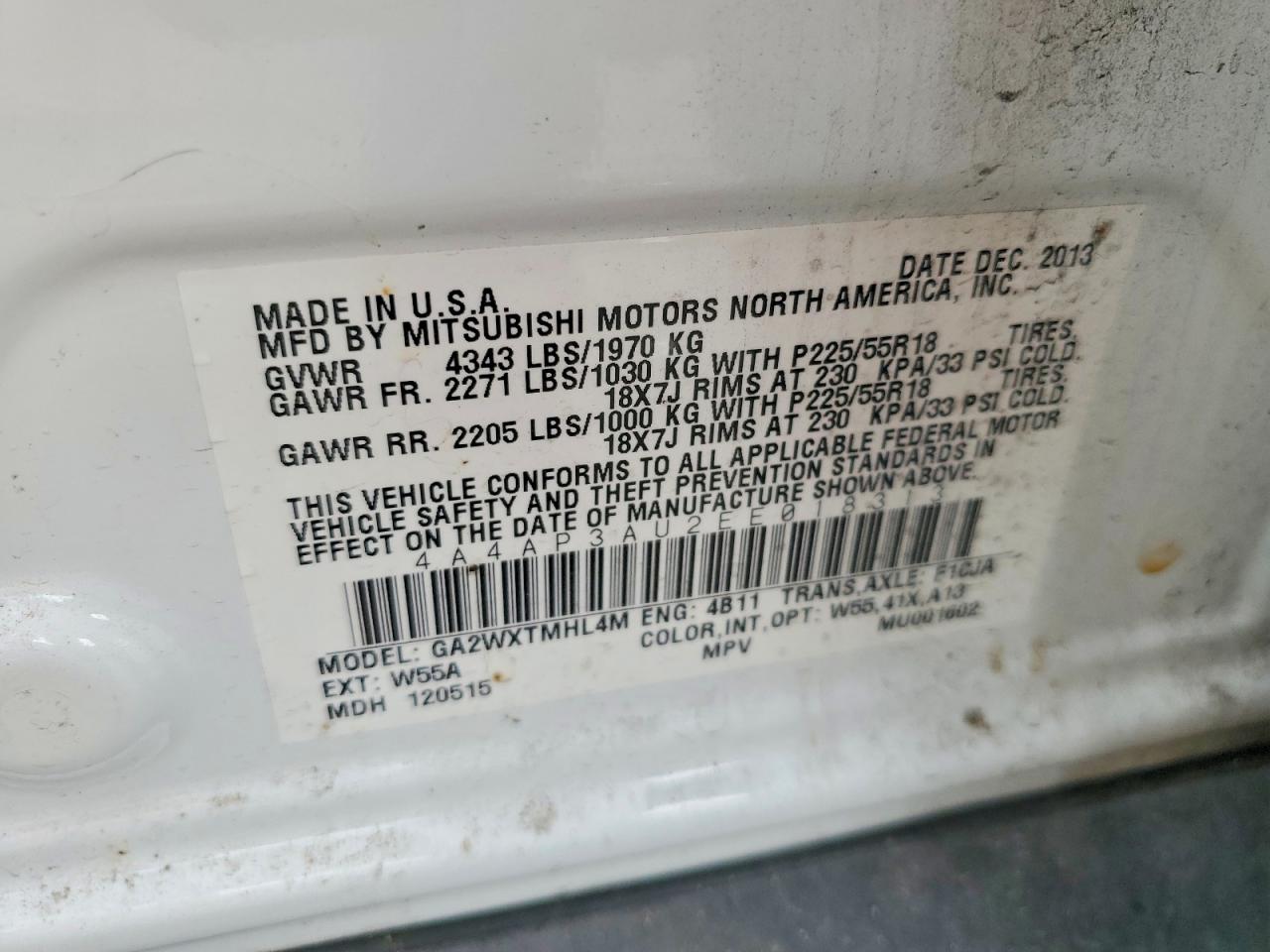 2014 Mitsubishi Outlander Sport Es White vin: 4A4AP3AU2EE018313