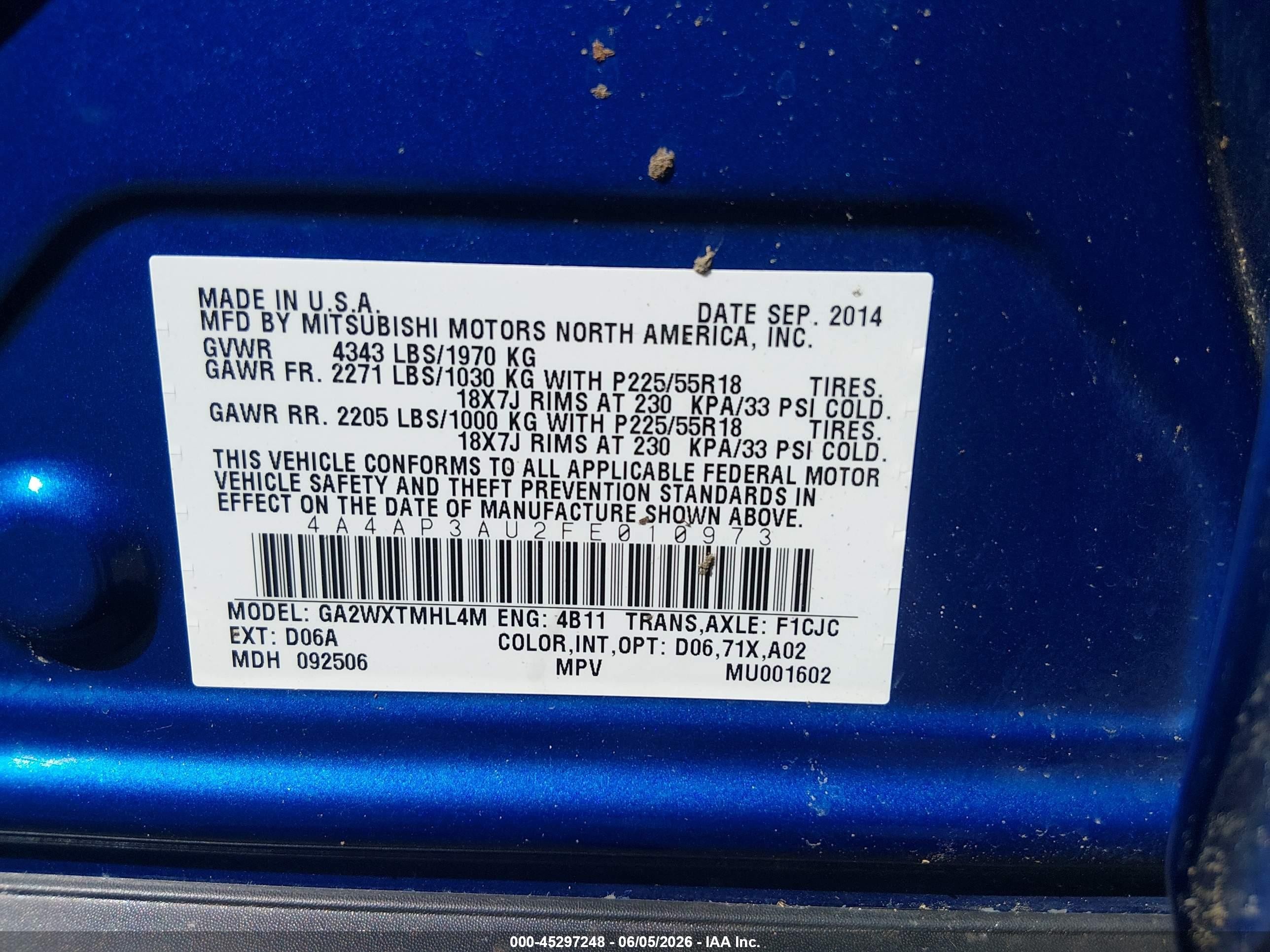 2015 Mitsubishi Outlander Sport Es Blue vin: 4A4AP3AU2FE010973