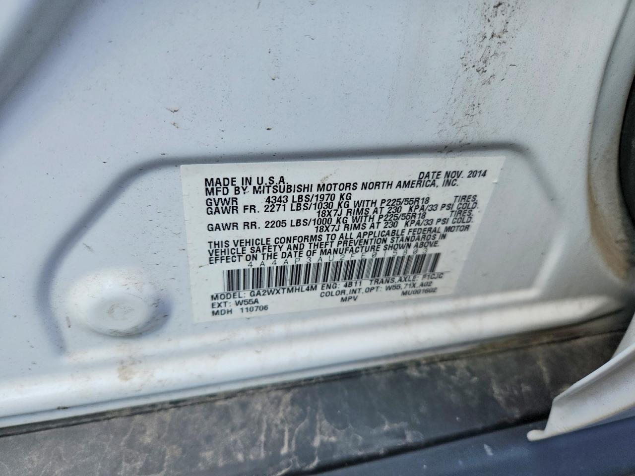 2015 Mitsubishi Outlander Sport Es White vin: 4A4AP3AU2FE015803