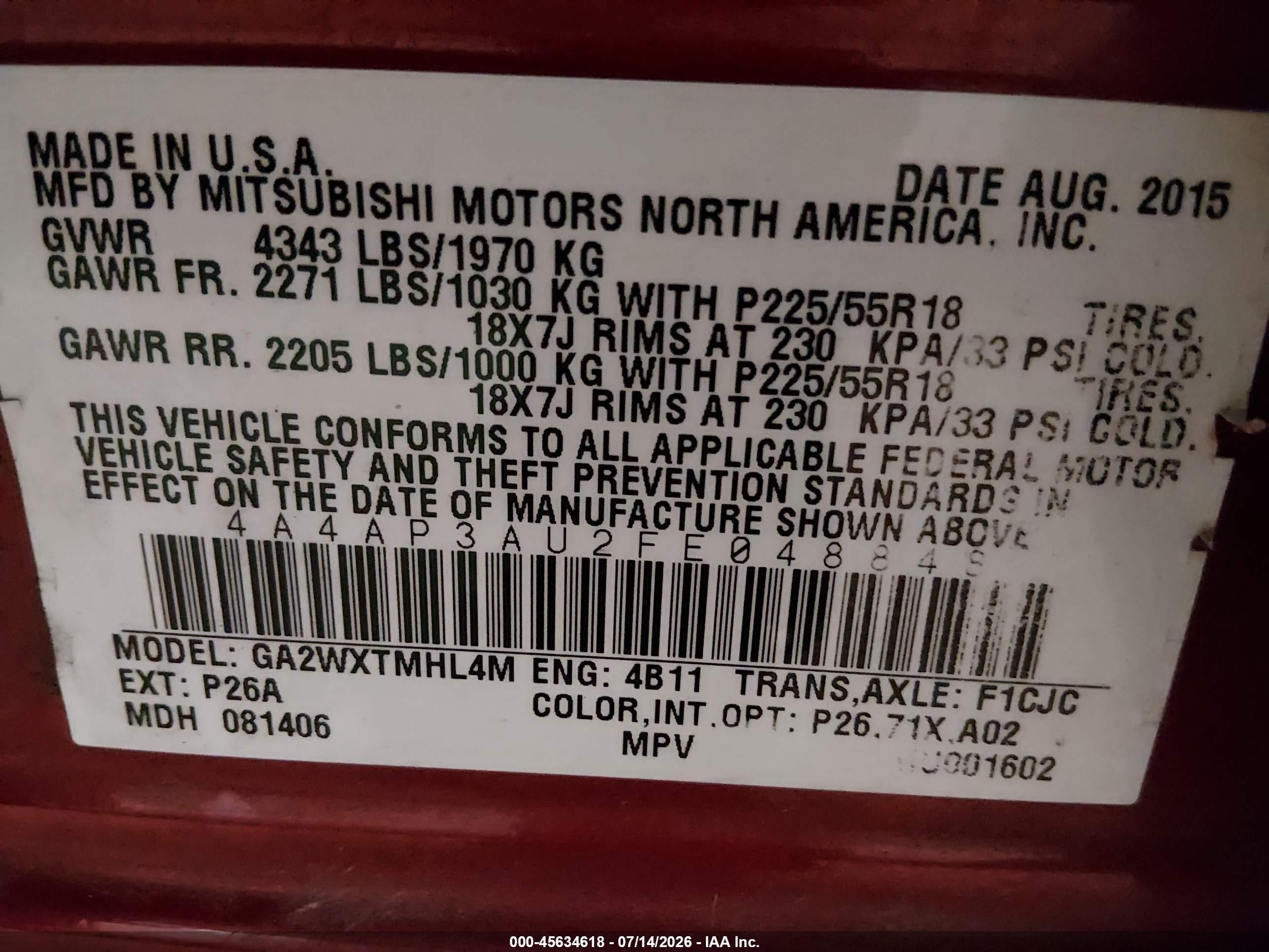 2015 Mitsubishi Outlander Sport Es Red vin: 4A4AP3AU2FE048848