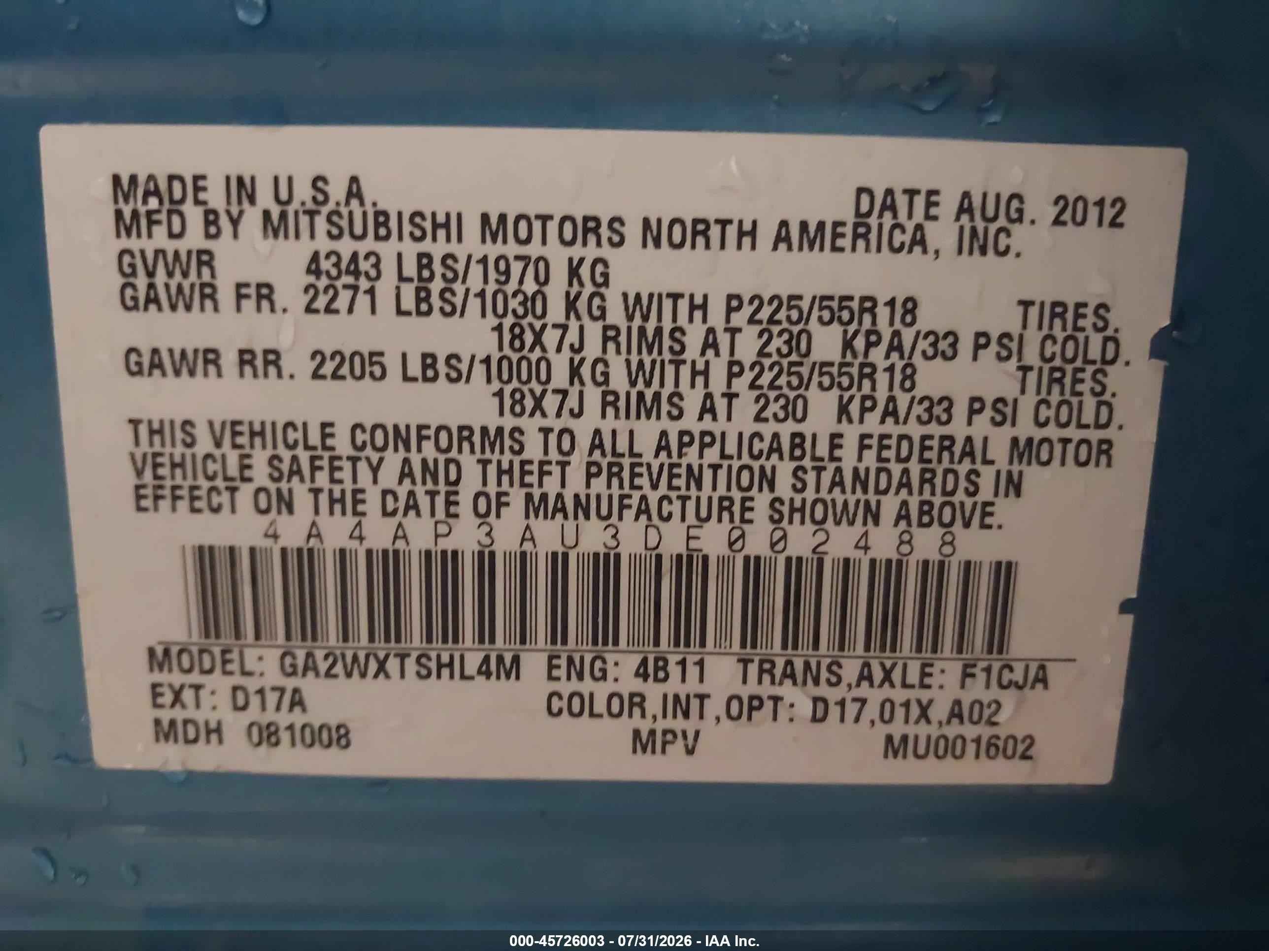 2013 Mitsubishi Outlander Sport Es Light Blue vin: 4A4AP3AU3DE002488