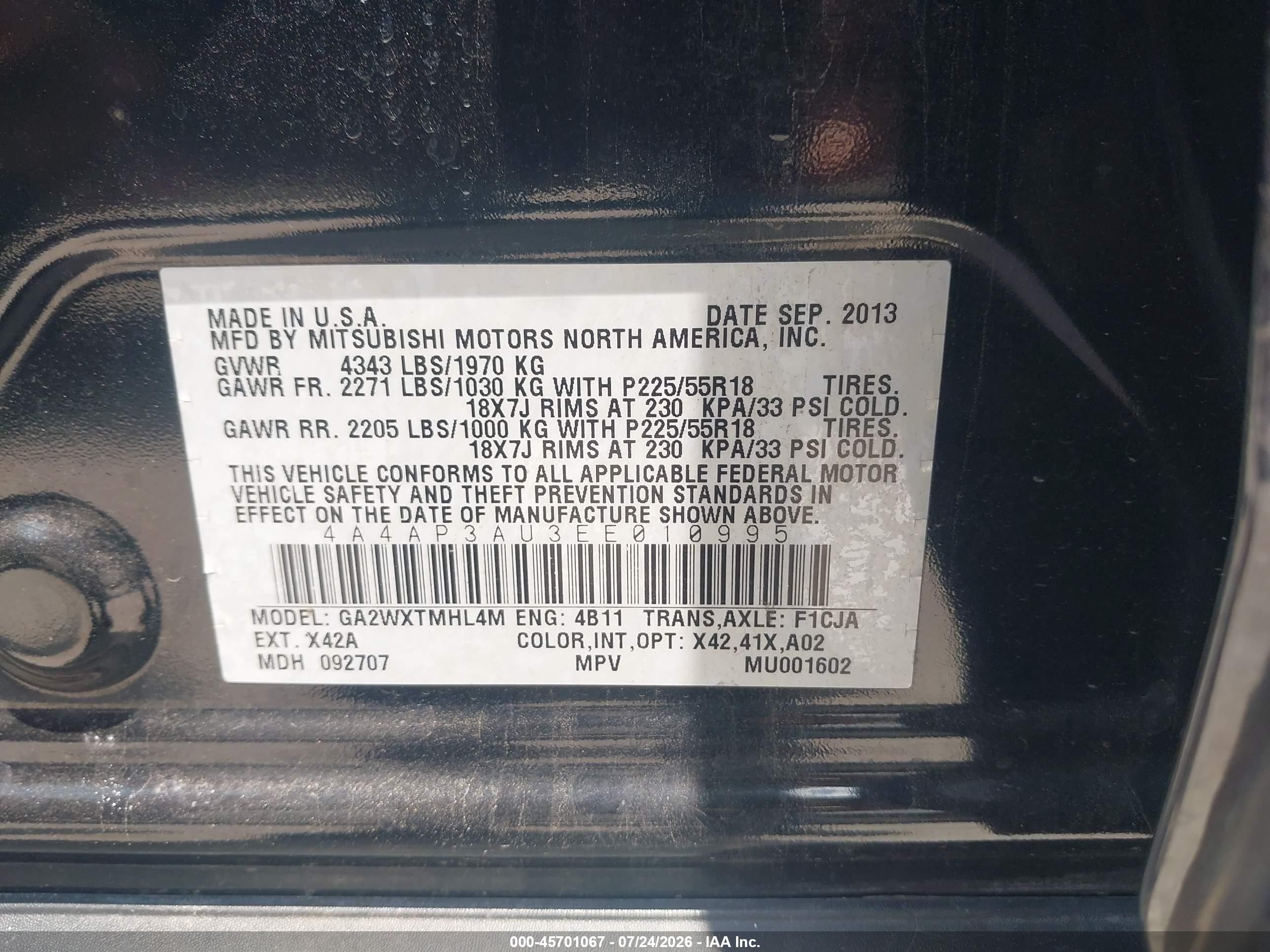 2014 Mitsubishi Outlander Sport Es Black vin: 4A4AP3AU3EE010995
